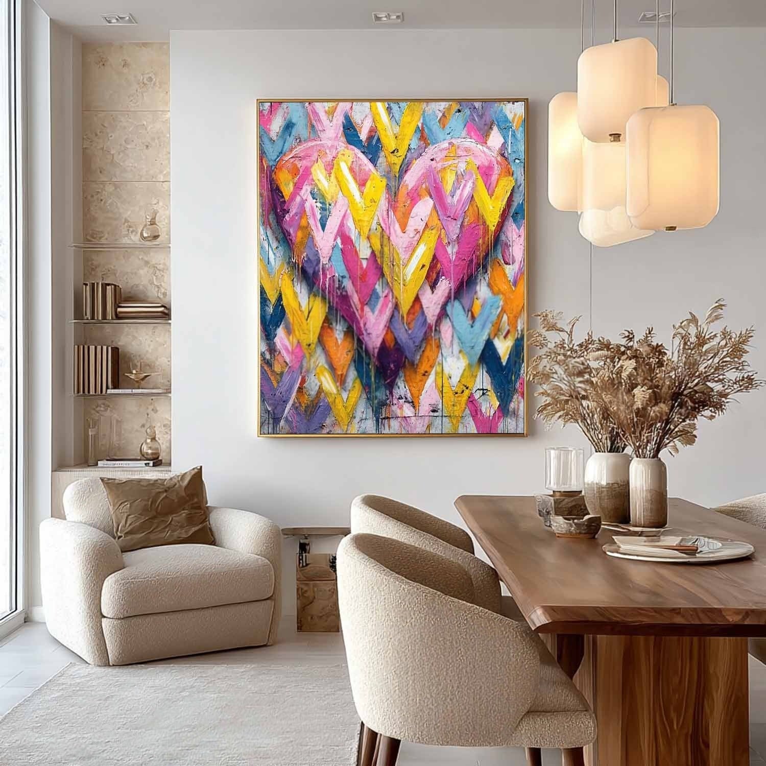 Vibrant Chevron Double Heart Impasto Painting