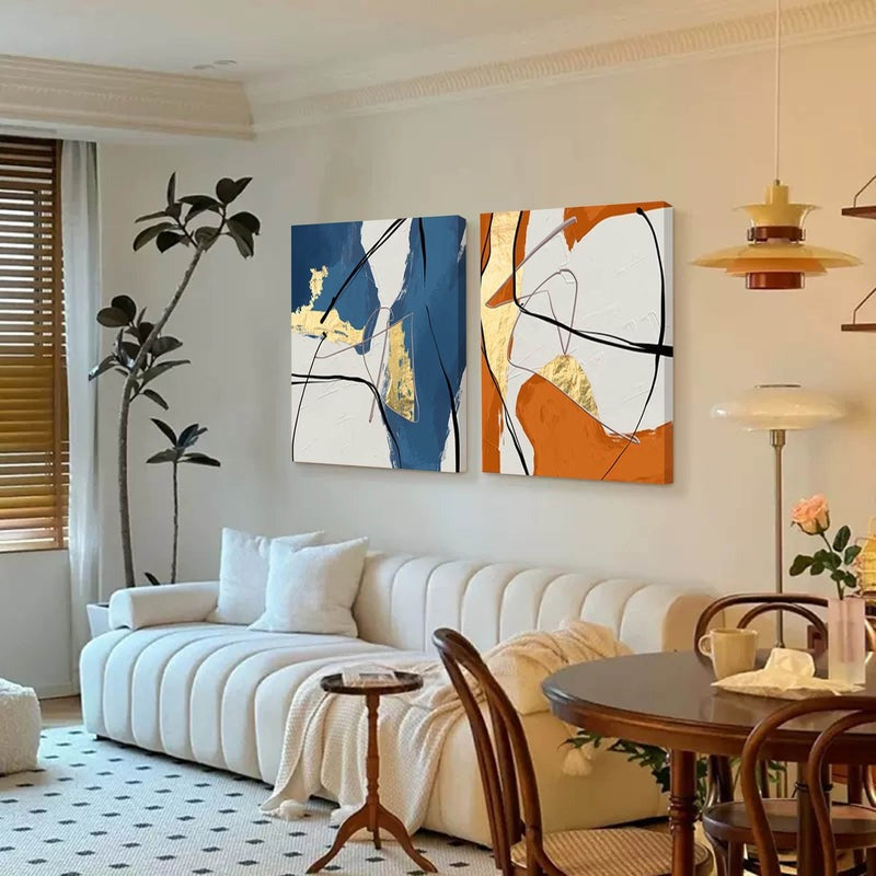 Set of 2 Gold  Oil Paintings Blue Orange