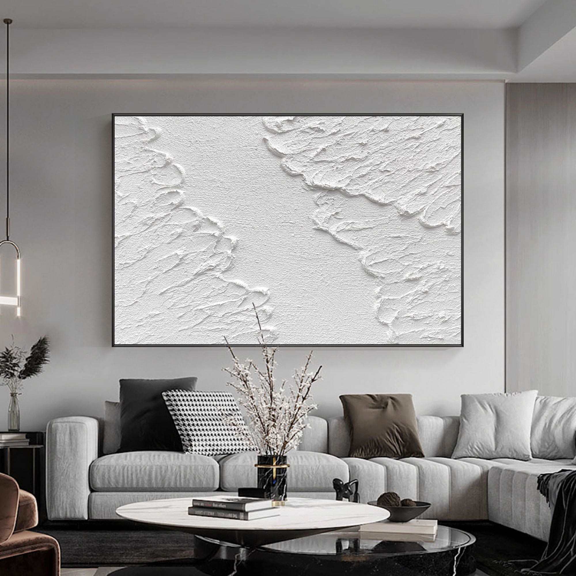 Pure‑White Horizontal Crack‑Relief Plaster‑Textured Artwork