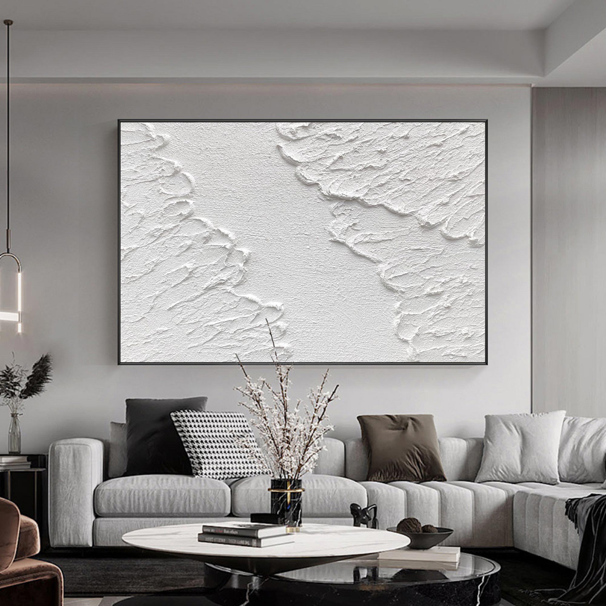 Large 3D Textured White Abstract Relief Oil Acrylic Linen Canvas Painting