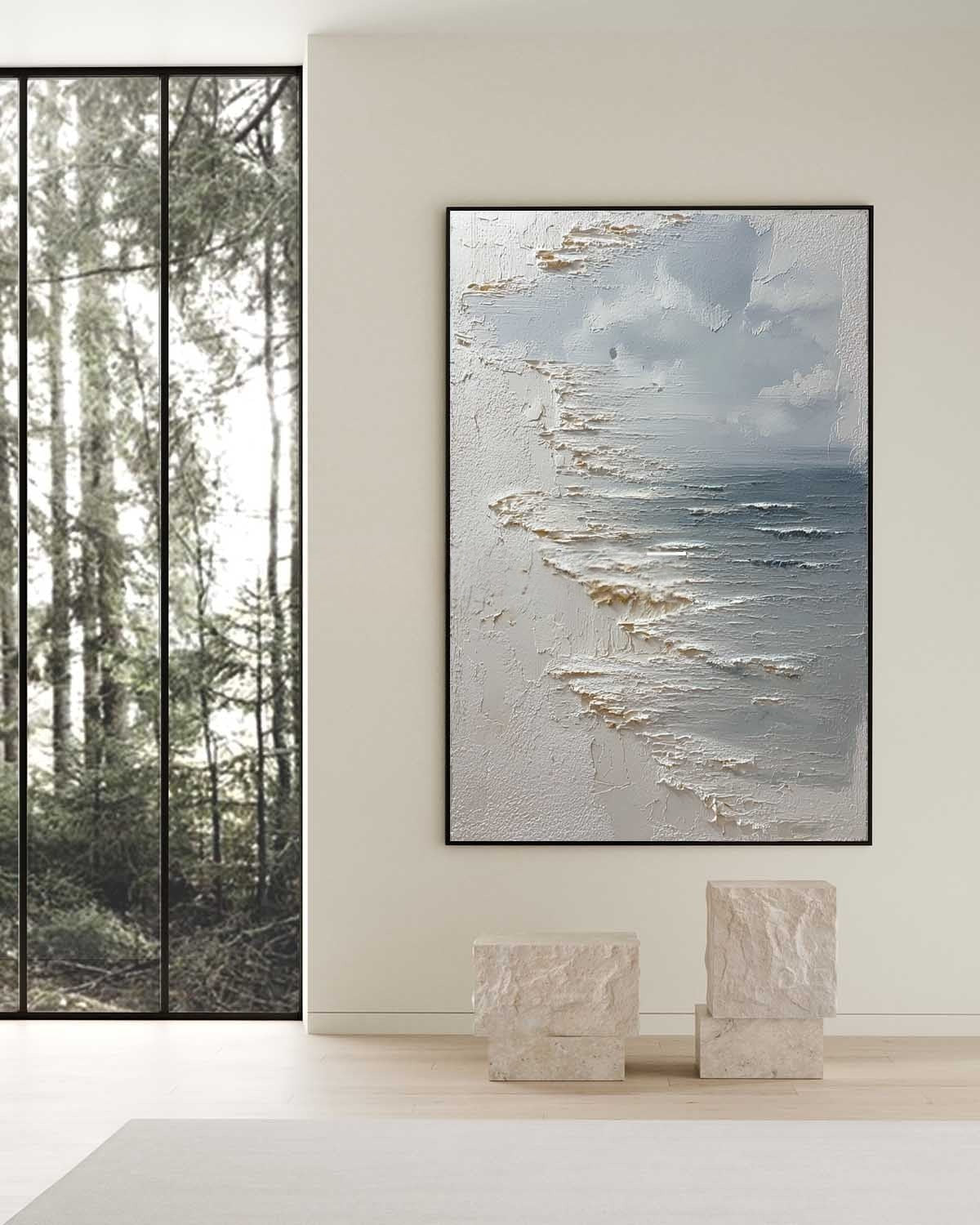 Wall Art Vertical Textured Abstract Sea Relief Scene Cool Coastal