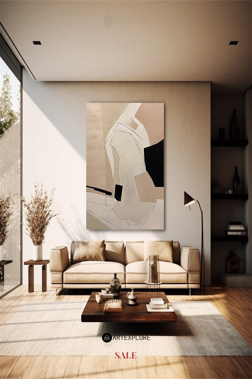 Beige‑Black‑Cream Vertical Geometric‑Splice Impasto‑Textured Artwork