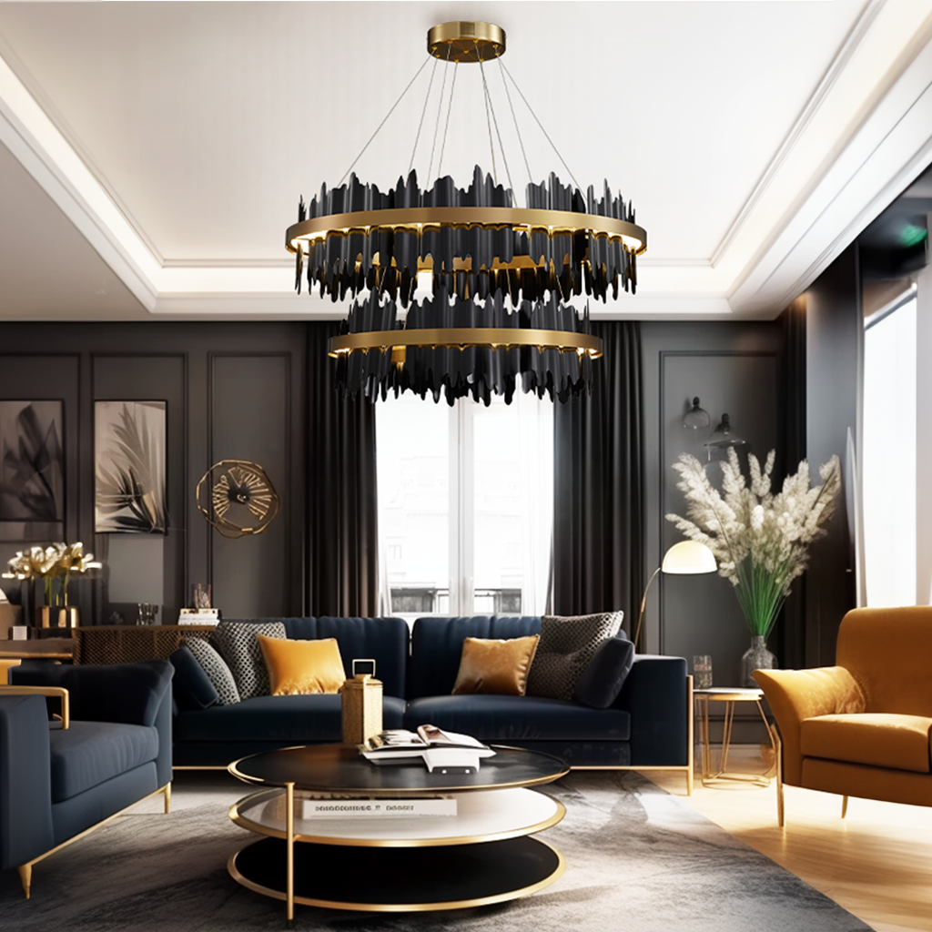 Kristy Industrial Chandelier Cylindrical Metal Black Gold Living Room - Neutralighting