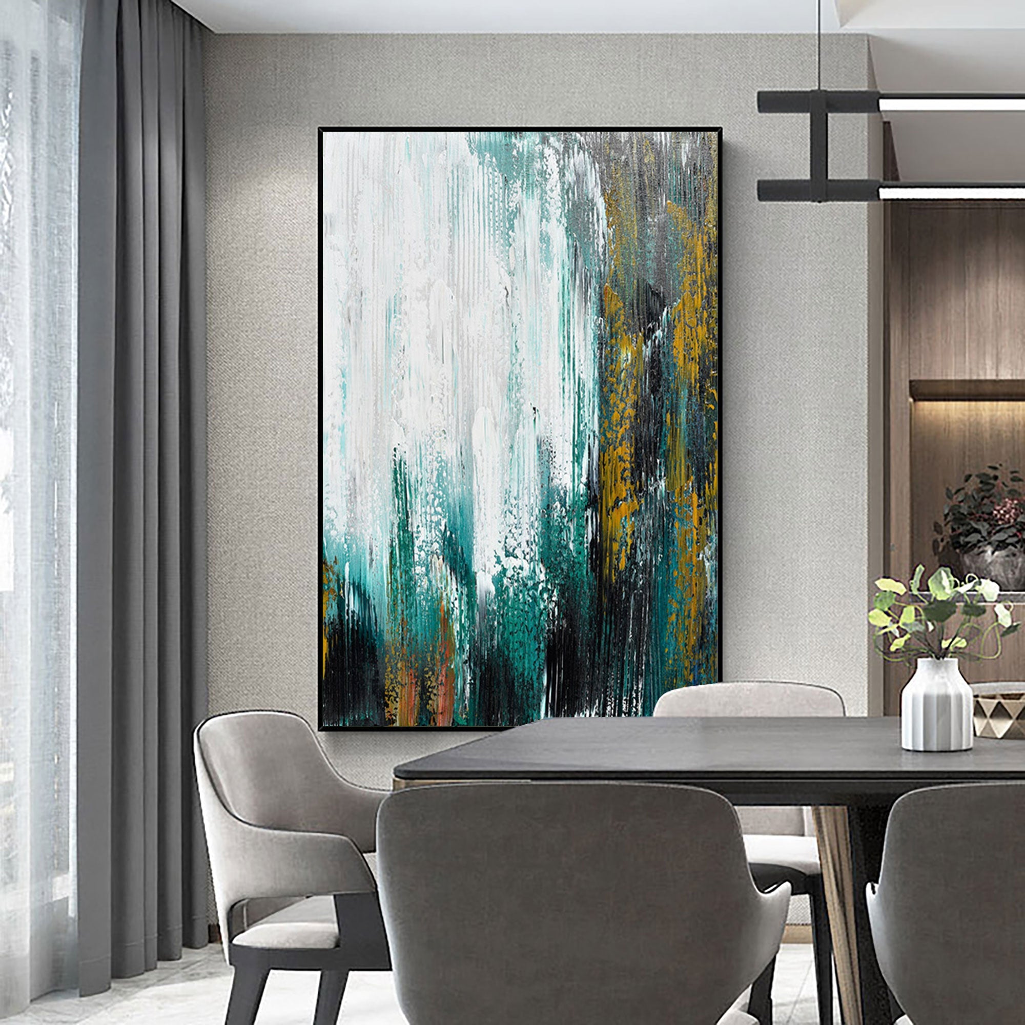 Large Contemporary Abstract Teal Gold White Textured Vertical Oil Painting on Linen Canvas