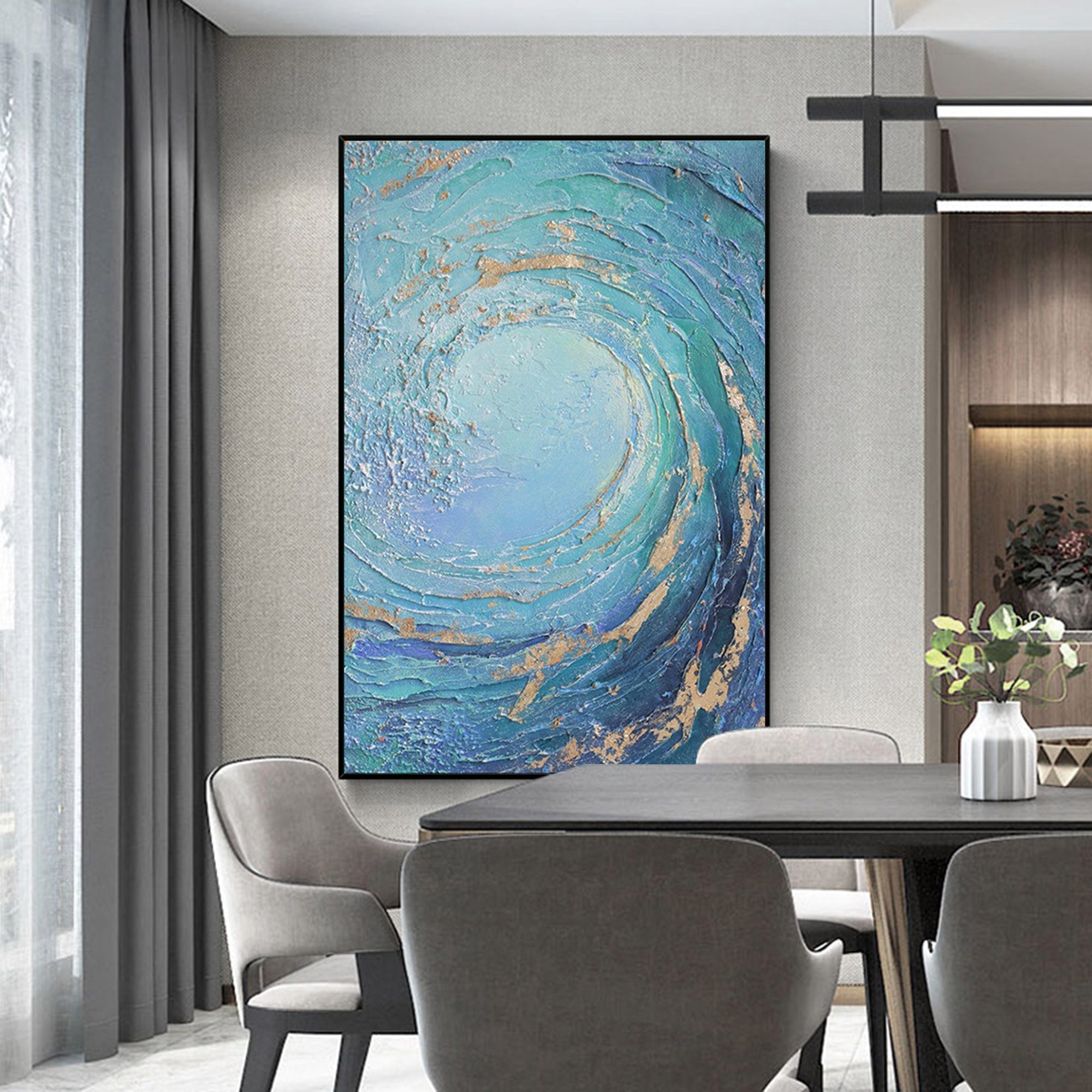 Ocean Wave Blue Gold Abstract Canvas Wall Art