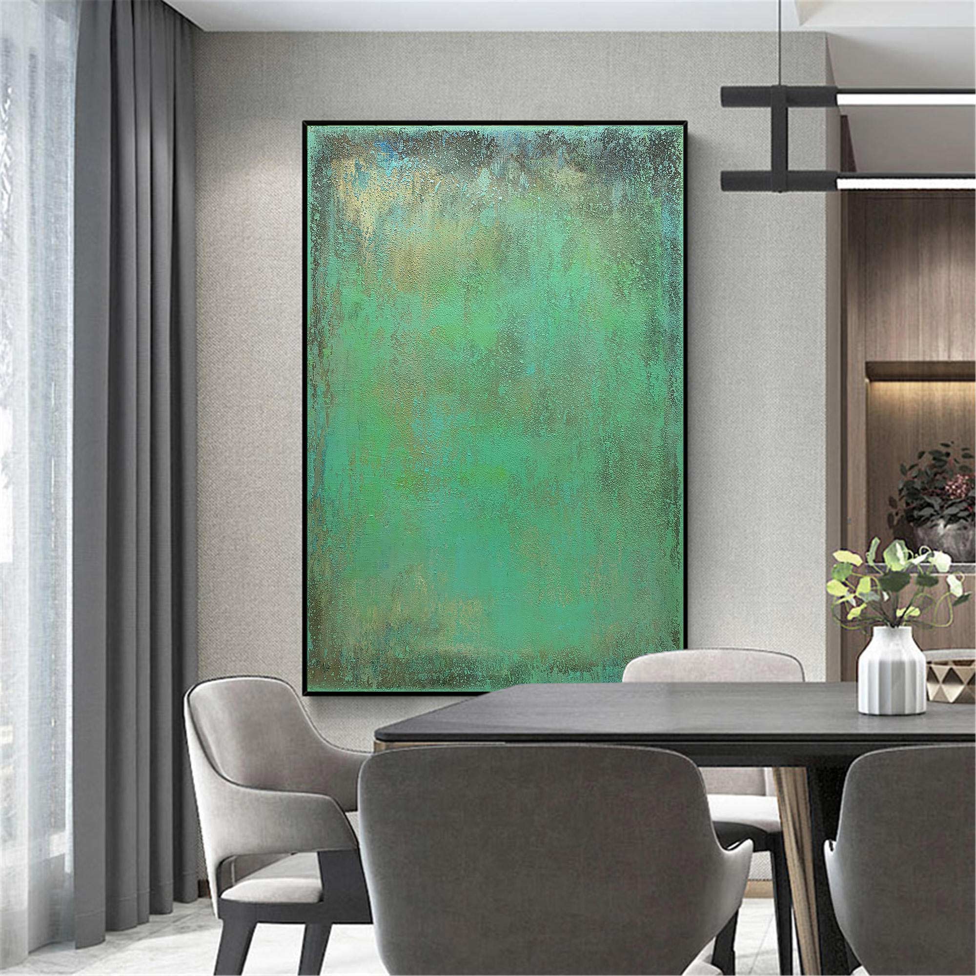 Muted‑Green Gold‑Fleck Vertical Textured‑Wash Impasto Artwork