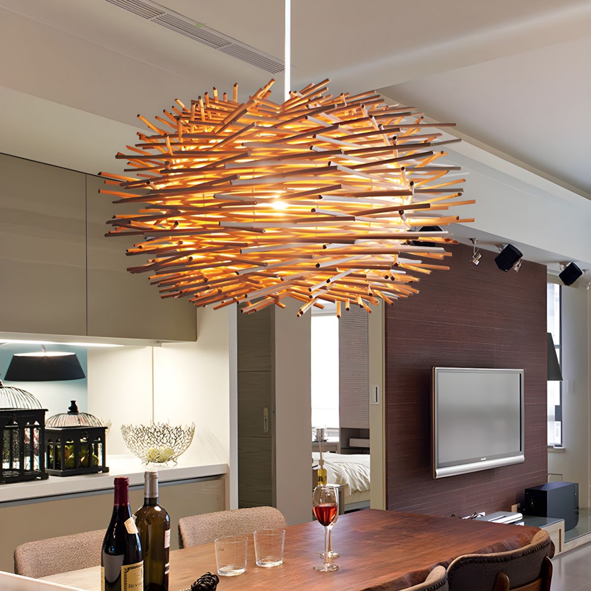 Muto Wooden Bird Nest Rattan Pendant Light, Brown/Wood - Neutralighting