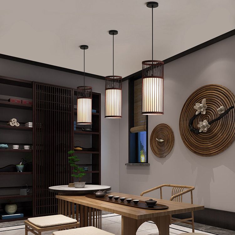 Ritta Weave Cylinder Pendant Light, Coffee/Wood, Metal/Bamboo - Neutralighting