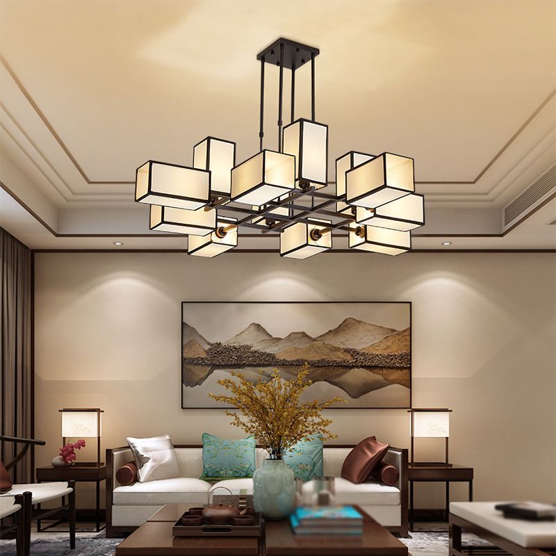 Arisha Pendant Light Square Retro, Metal/Fabric, Black/Gold, Living Room - Neutralighting