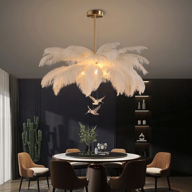 O'Moore Ostrich Contemporary Elegant Feather Chandelier, White - Neutralighting
