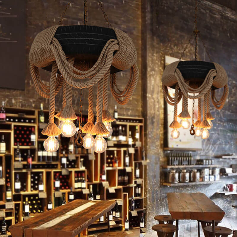 Epoch Vintage Industrial Chandelier Hemp Rope Tyre Dining Room - Neutralighting
