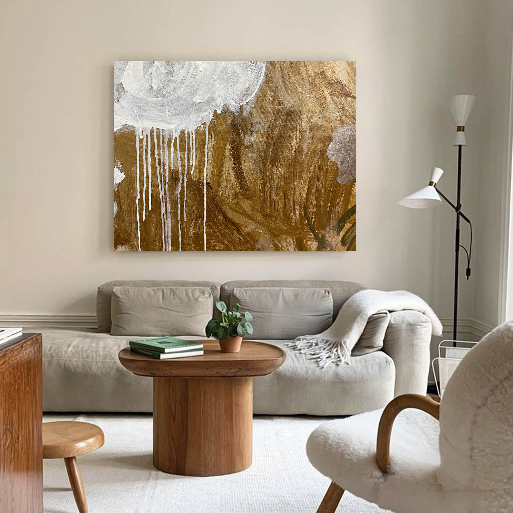 Luxury Golden Toned Dripping Paint Abstract Hanging Artwork