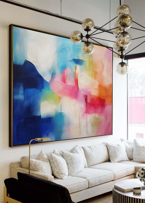 Vibrant Blue Pink Abstract Oil Painting