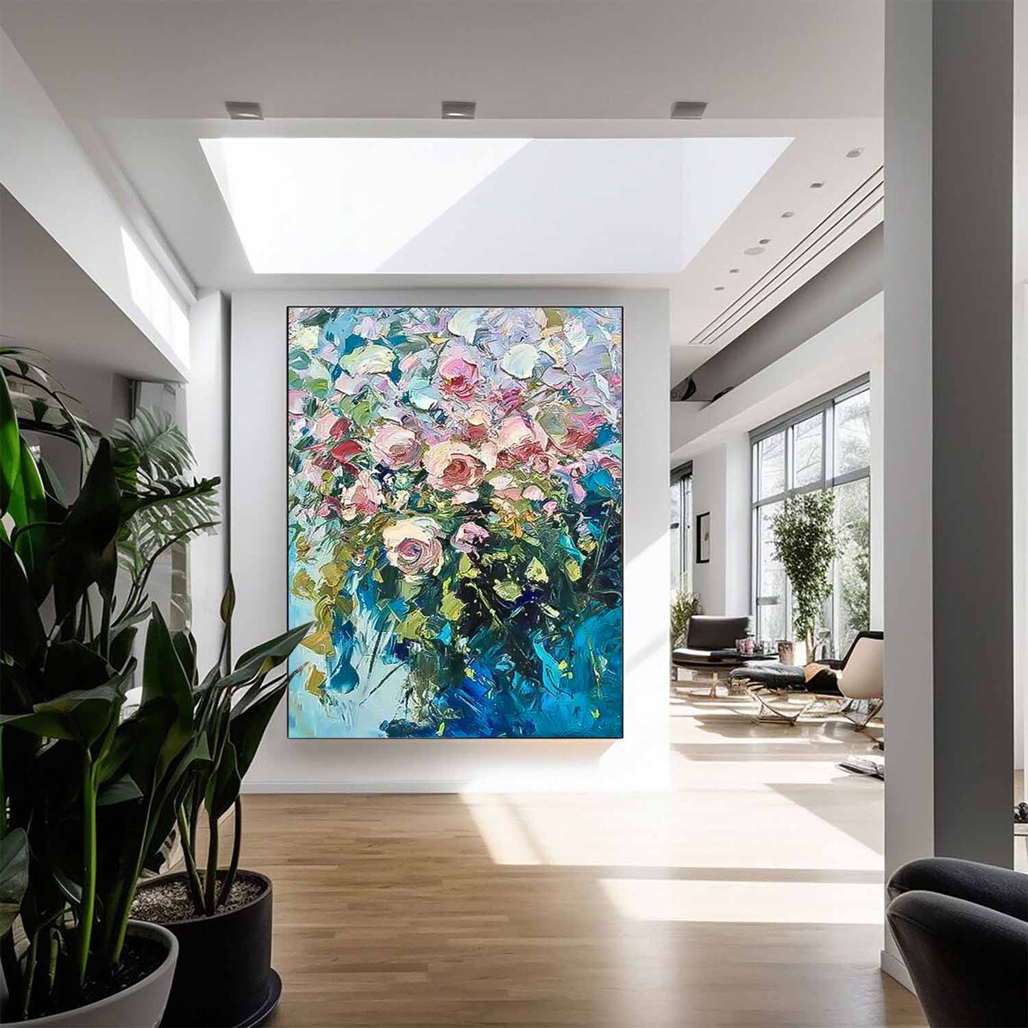 Pink Roses in Blue Vase Impasto Canvas Wall Art