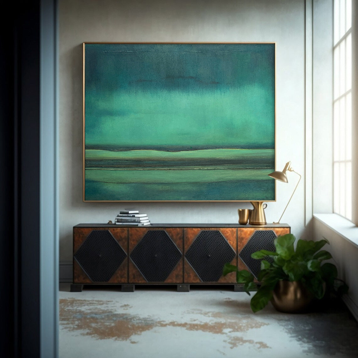 Deep Green Abstract Horizon Landscape Impasto Canvas Wall Art