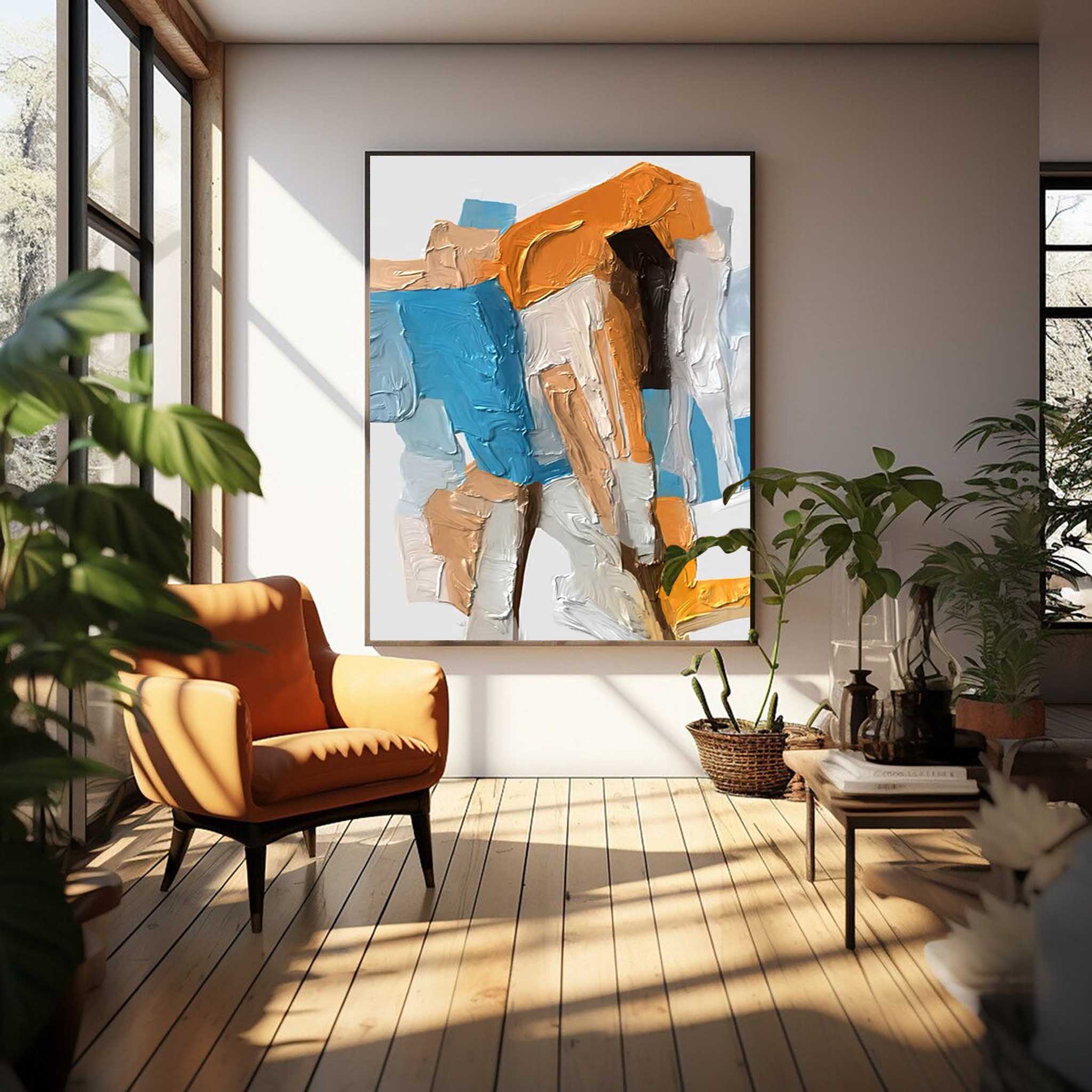 Bold Geometric Abstract Canvas Wall Art in Teal and Ochre