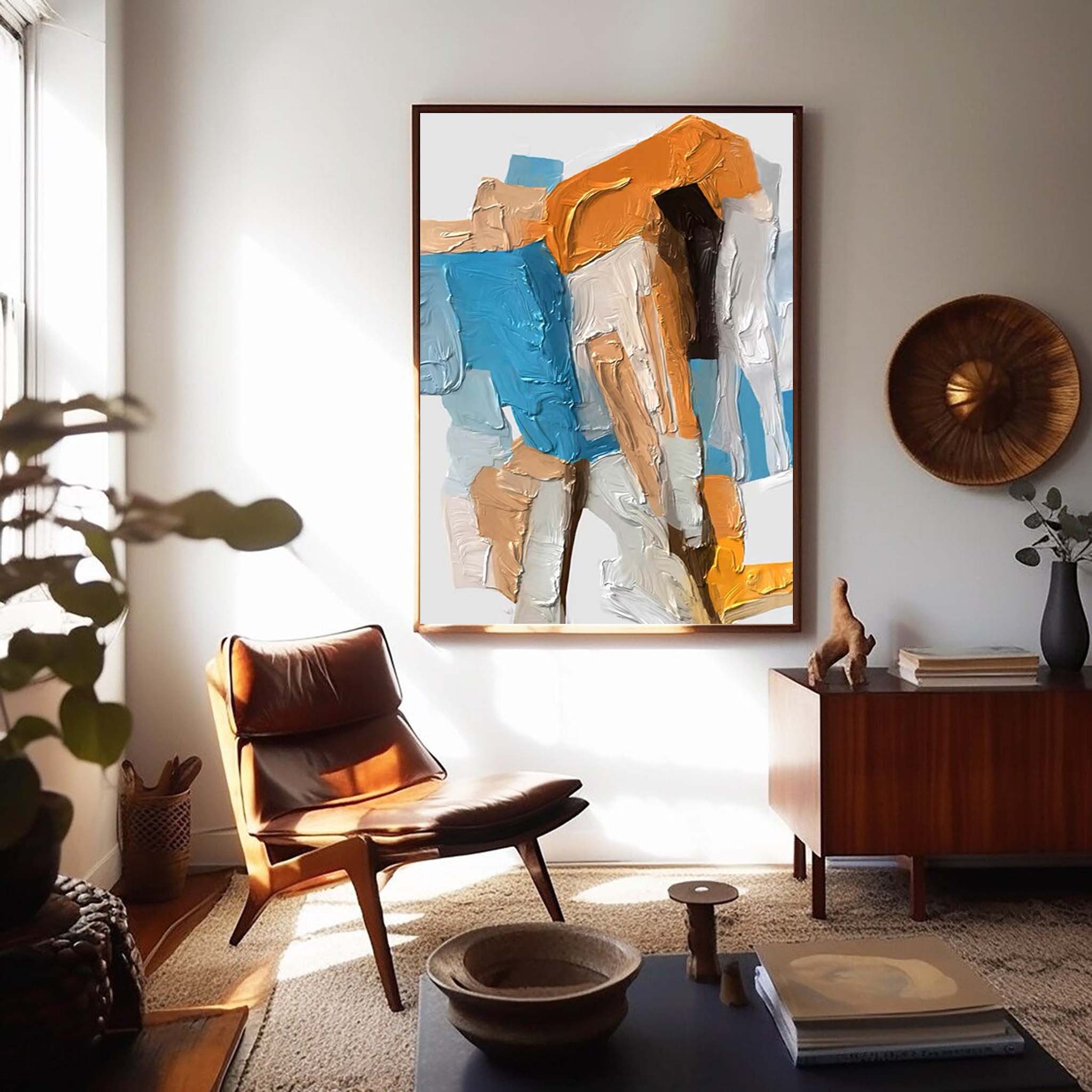 Bold Geometric Abstract Canvas Wall Art in Teal and Ochre