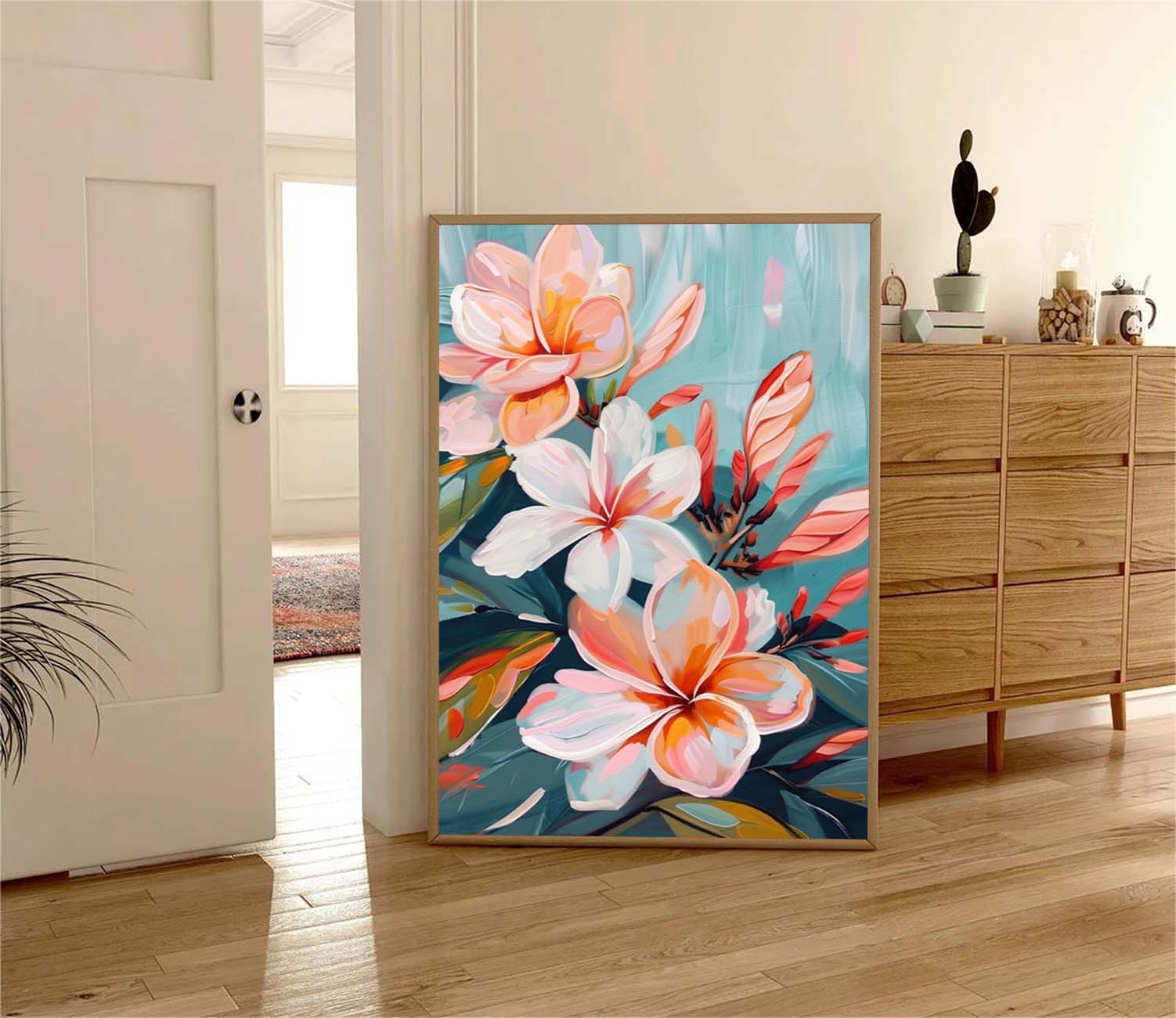 Tropical Plumeria Floral Oil Painting Soft Teal