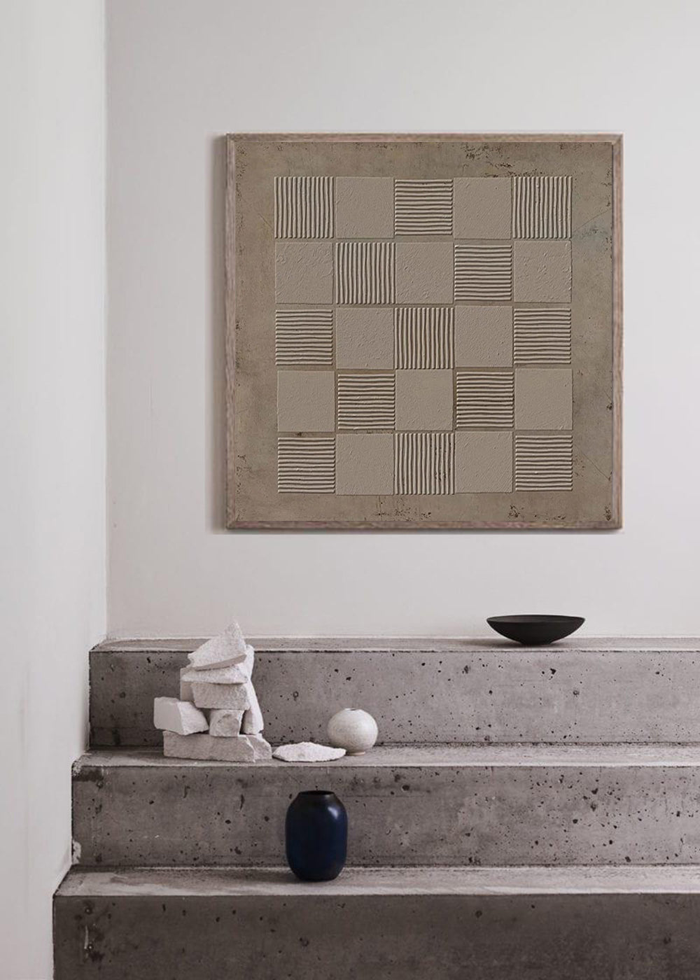 Beige‑Taupe Square Grid‑Line Raised‑Textured Artwork