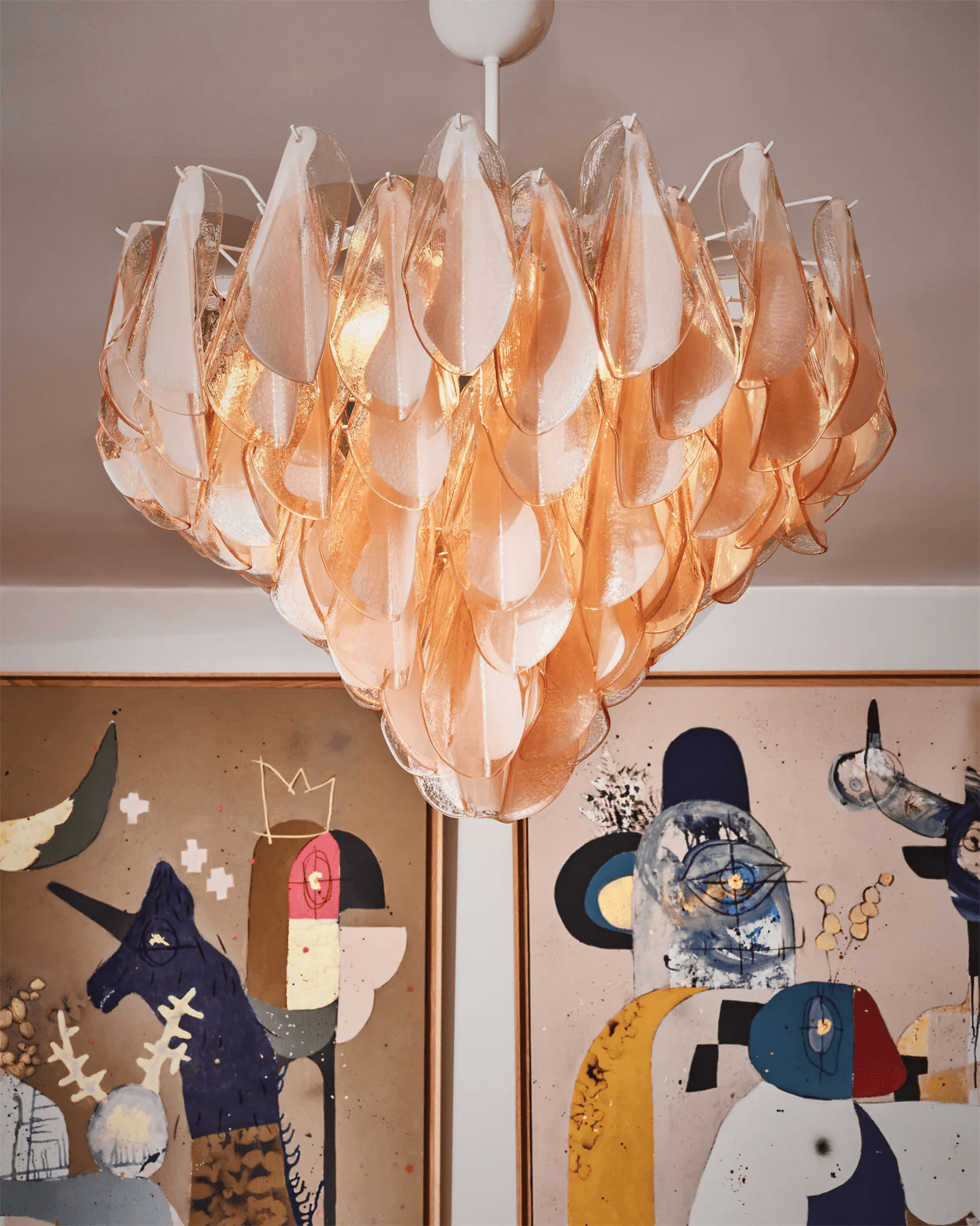 Aurora Chandelier Amber Murano Glass Oval Drops Layered