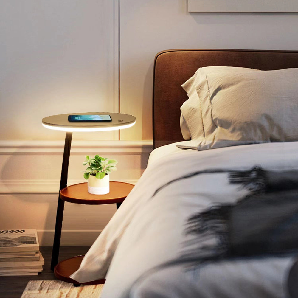 Muto Natural Round Wood Floor Lamp With Table Bedroom - Neutralighting