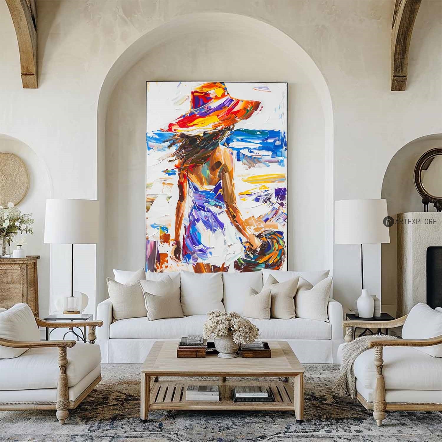 Colorful Hat Woman Beach Oil Painting