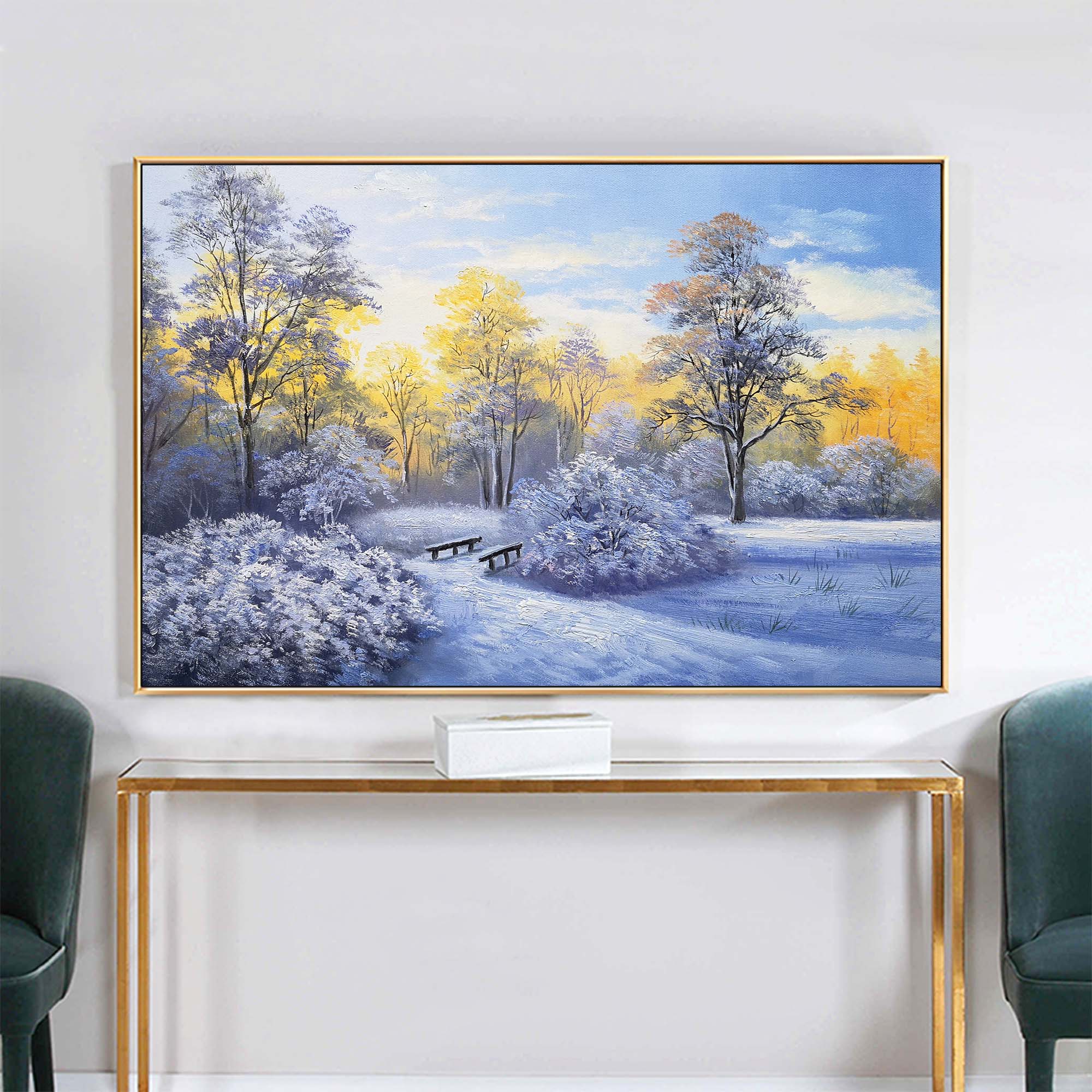 Sunlit Snowy Woodland Scene Vibrant Warm‑Cool Tone Nature Wall Art