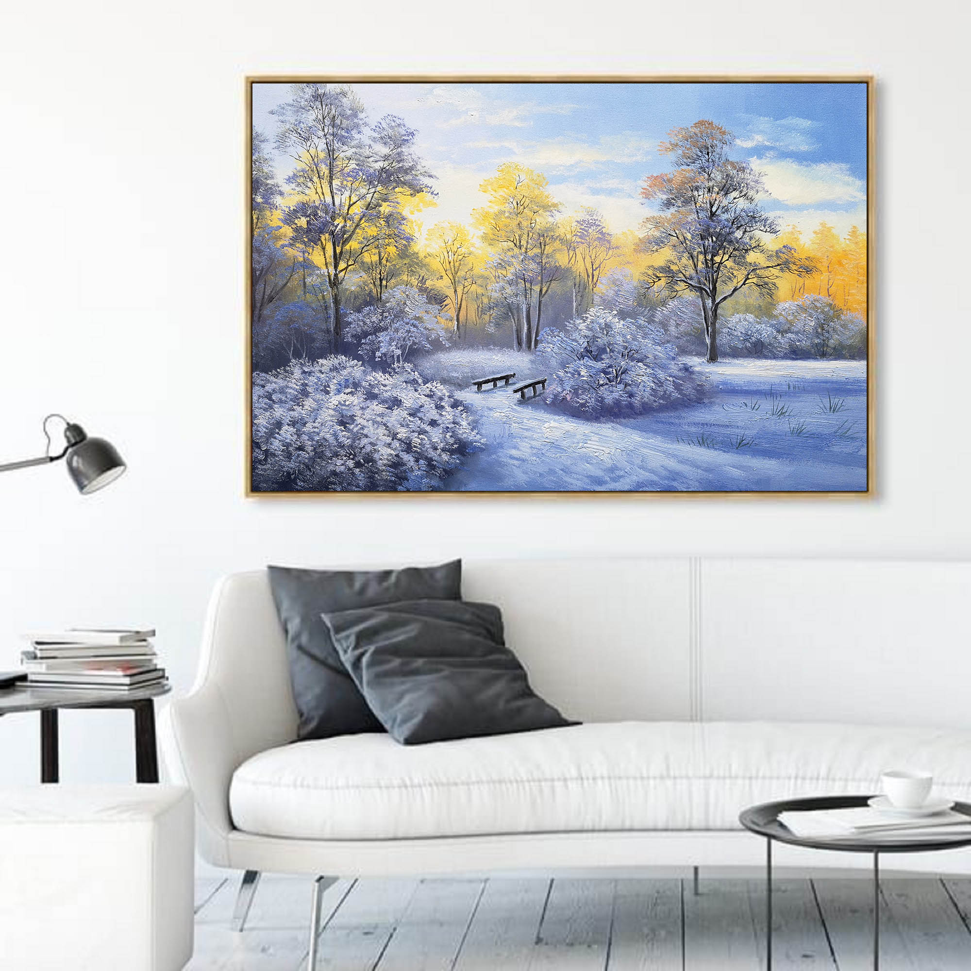 Sunlit Snowy Woodland Scene Vibrant Warm‑Cool Tone Nature Wall Art