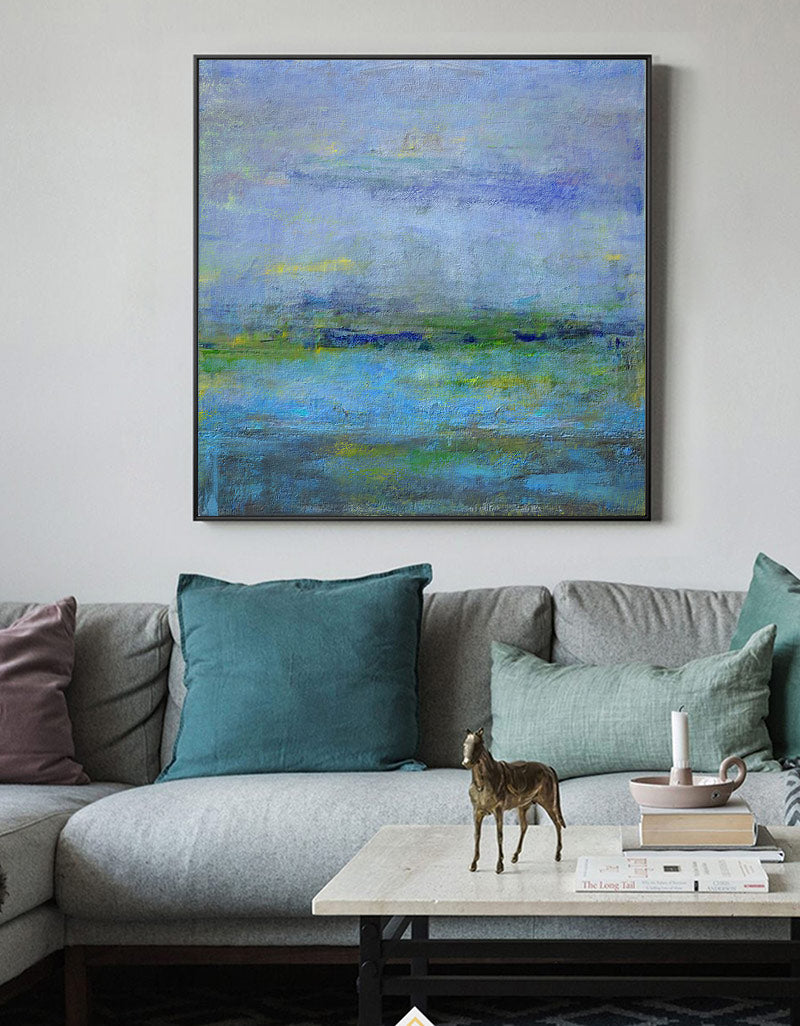 Blue‑Green‑Lavender Square Abstract Landscape Textured Artwork