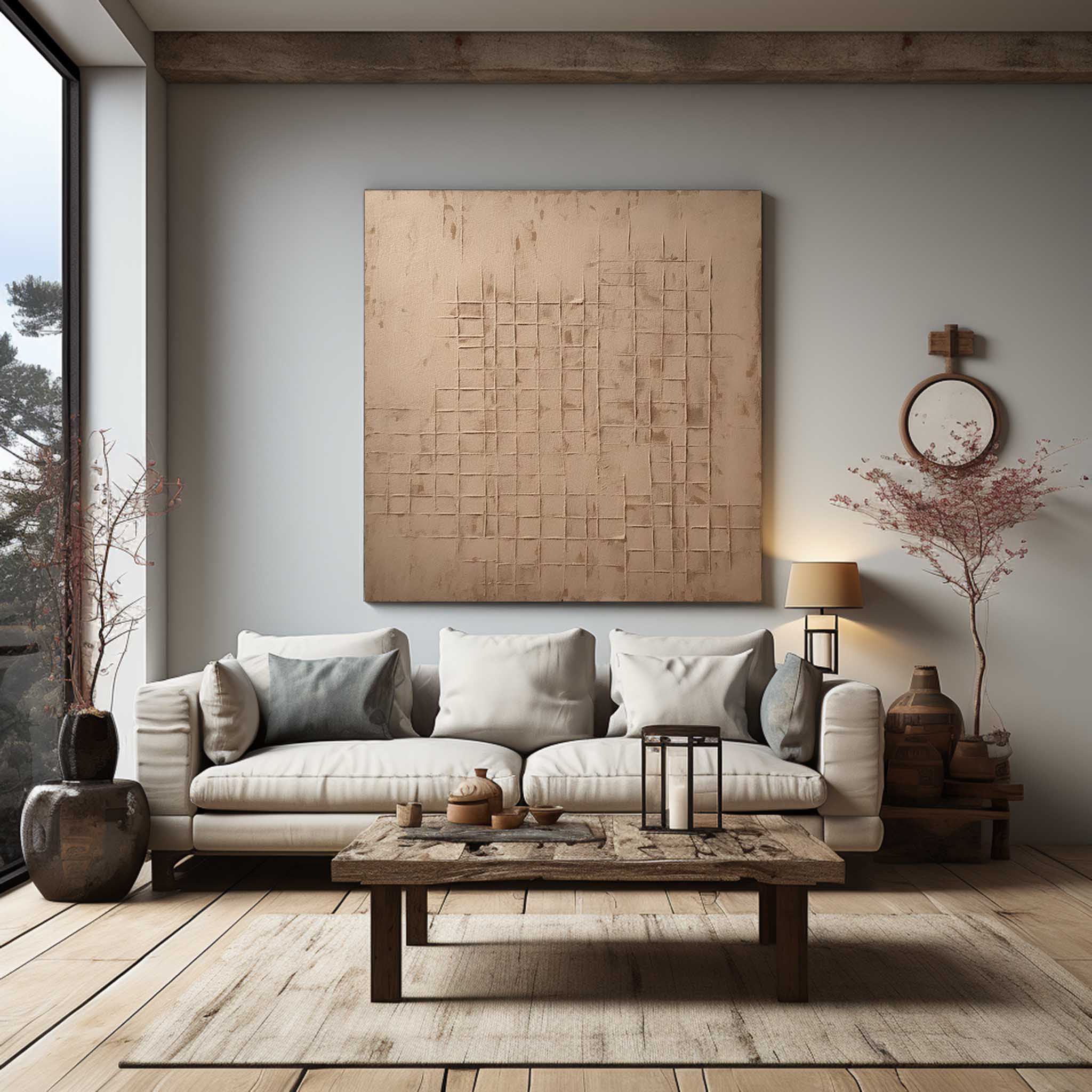 Wall Art Beige Grid Plaster Relief Canvas