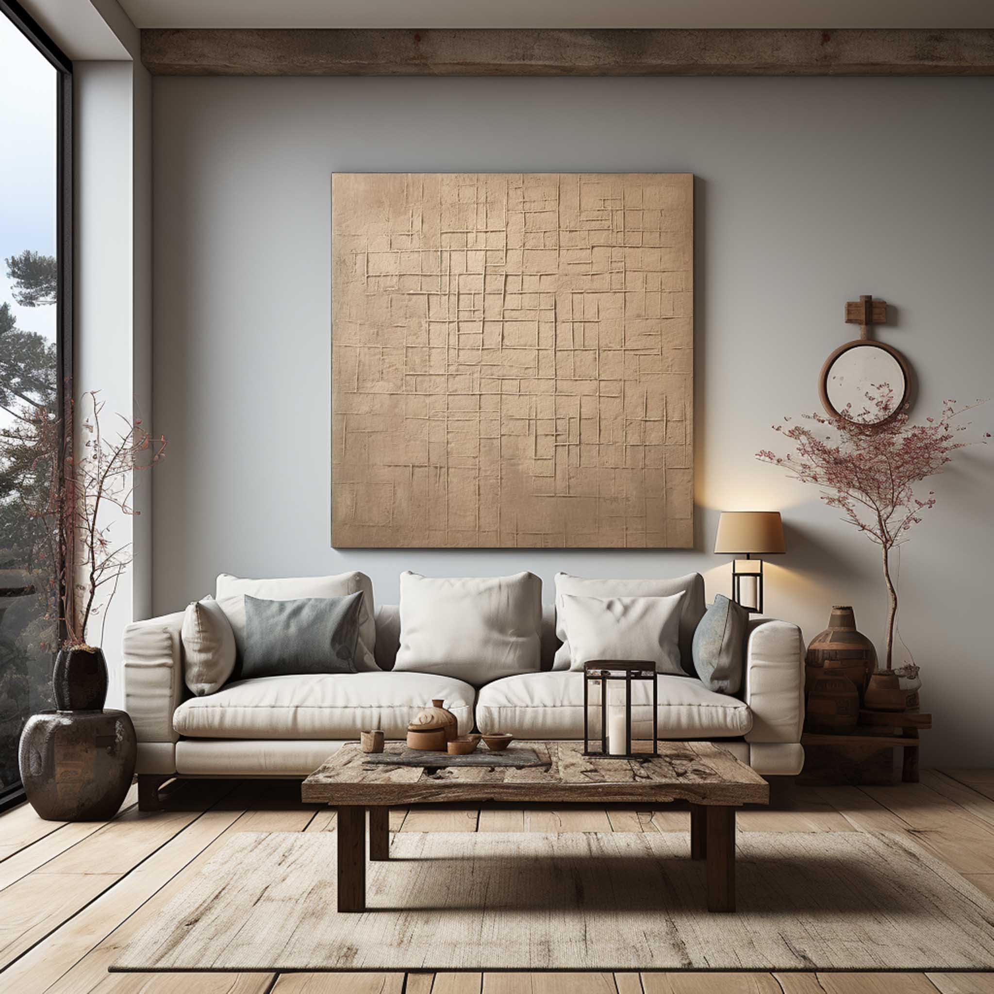 Wall Art Brown Grid Plaster Relief Canvas