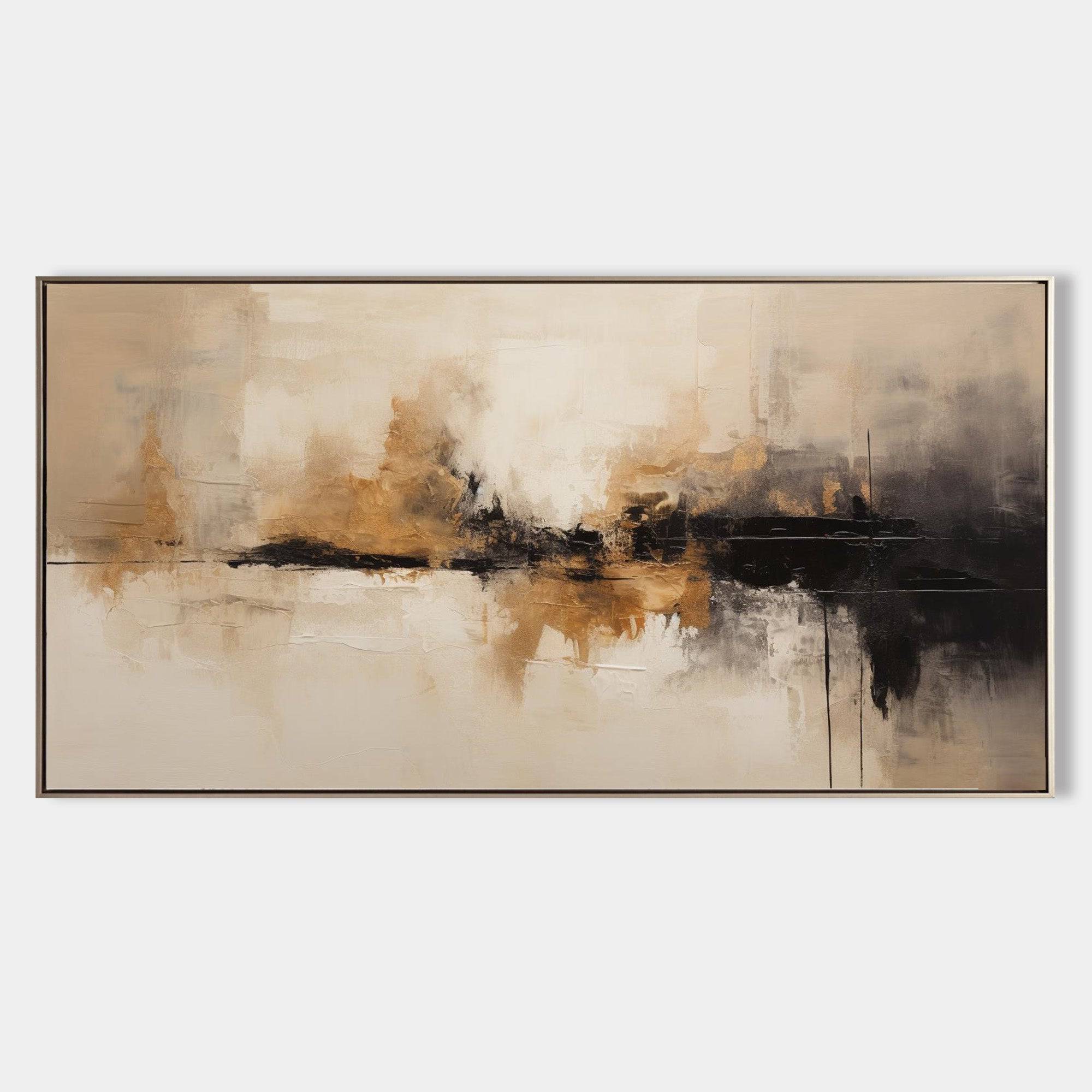 Beige‑Black‑Gold Horizontal Abstract  Blended Brush‑Stroke Textured Artwork