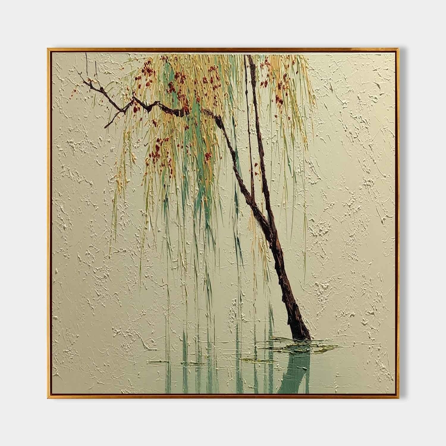 Wall Art Green Willow Reflection Textured Landscape