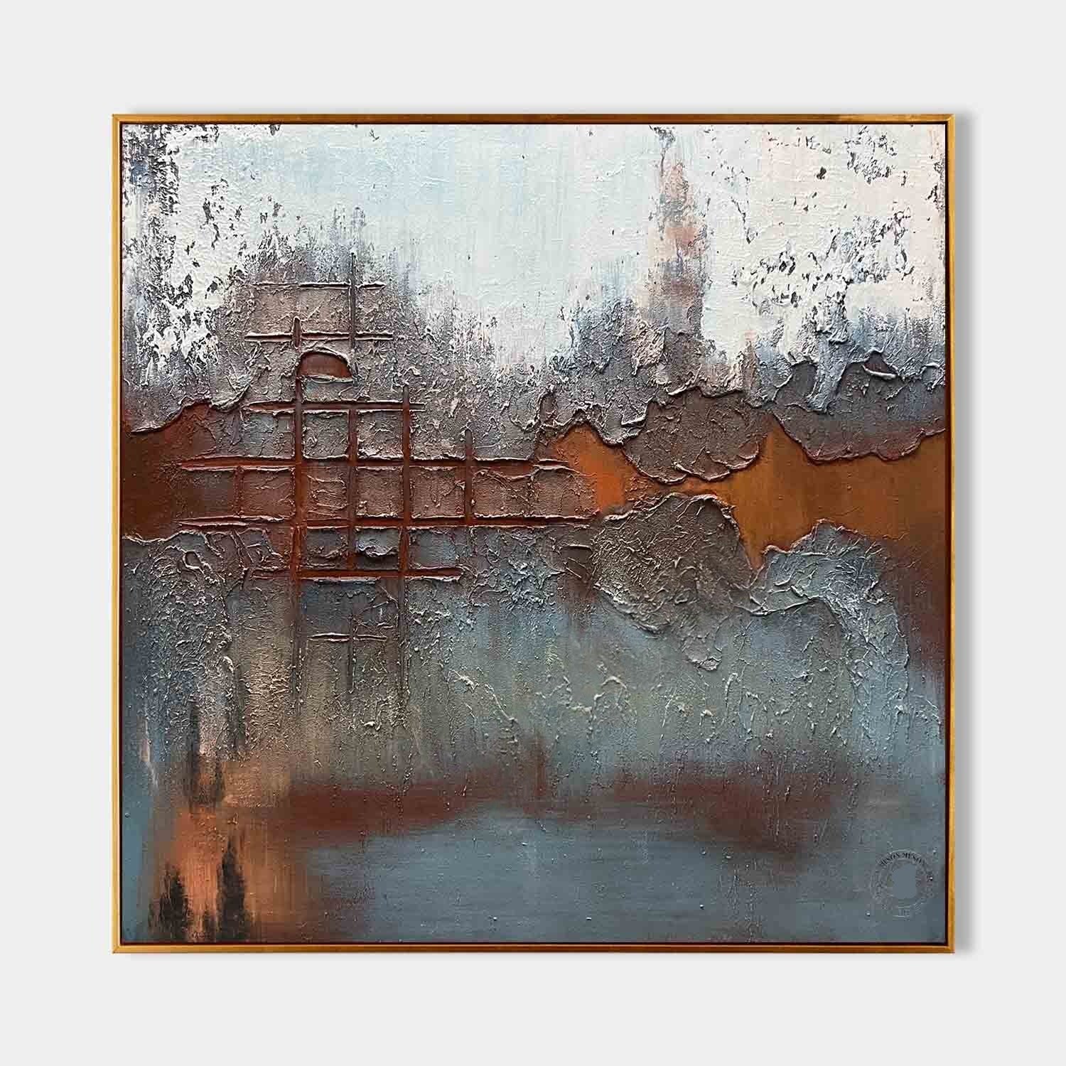 Wall Art Abstract Rustic Grid Blue Orange