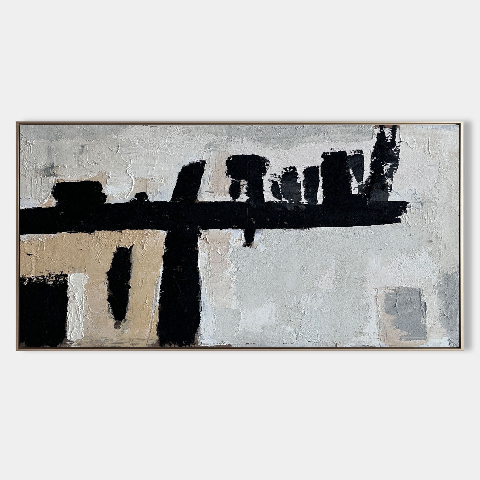 Black‑Beige Horizontal Bold‑Stroke Impasto‑Textured Artwork