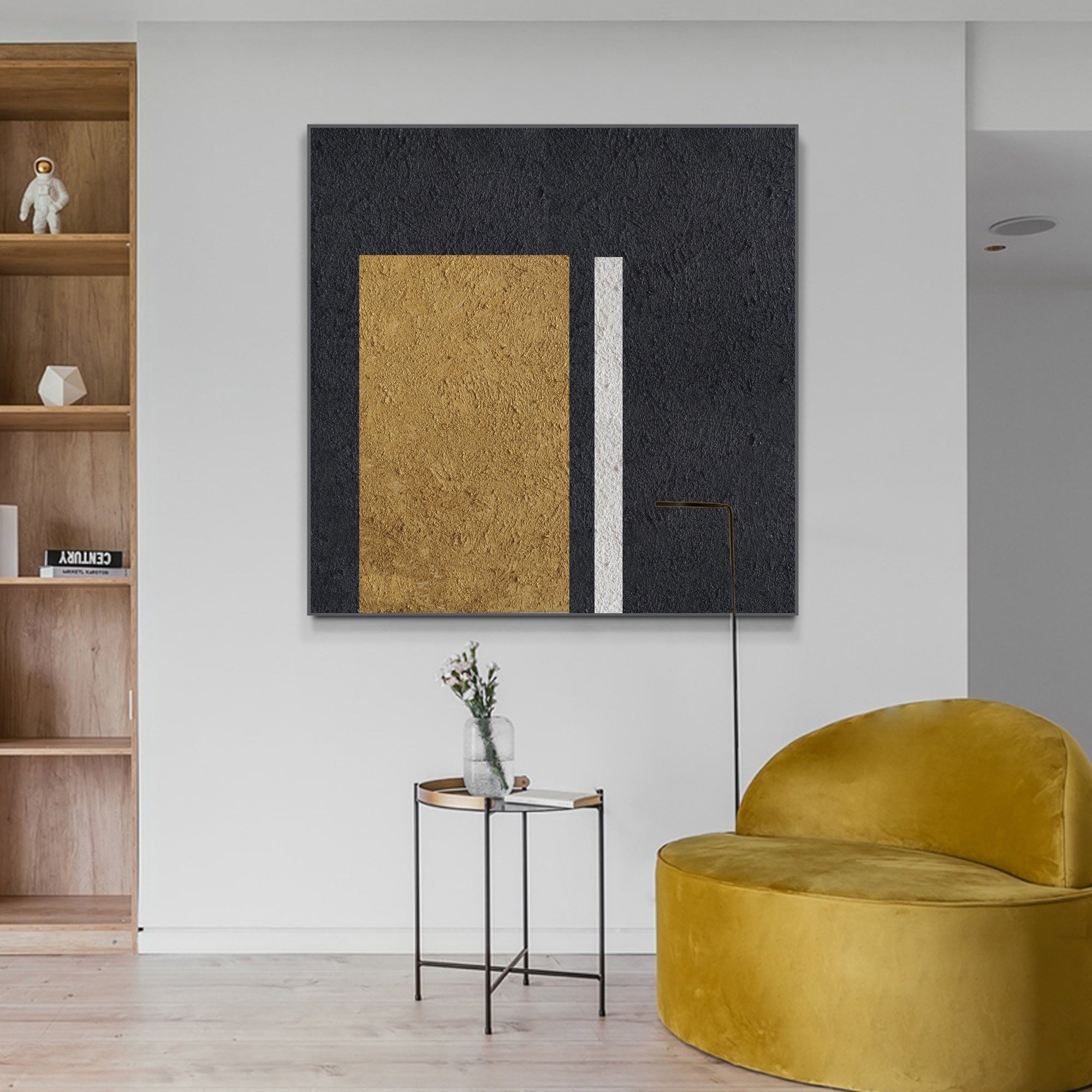 Black‑Gold‑White Square Stacked‑Rectangle Block Coarse‑Textured Artwork