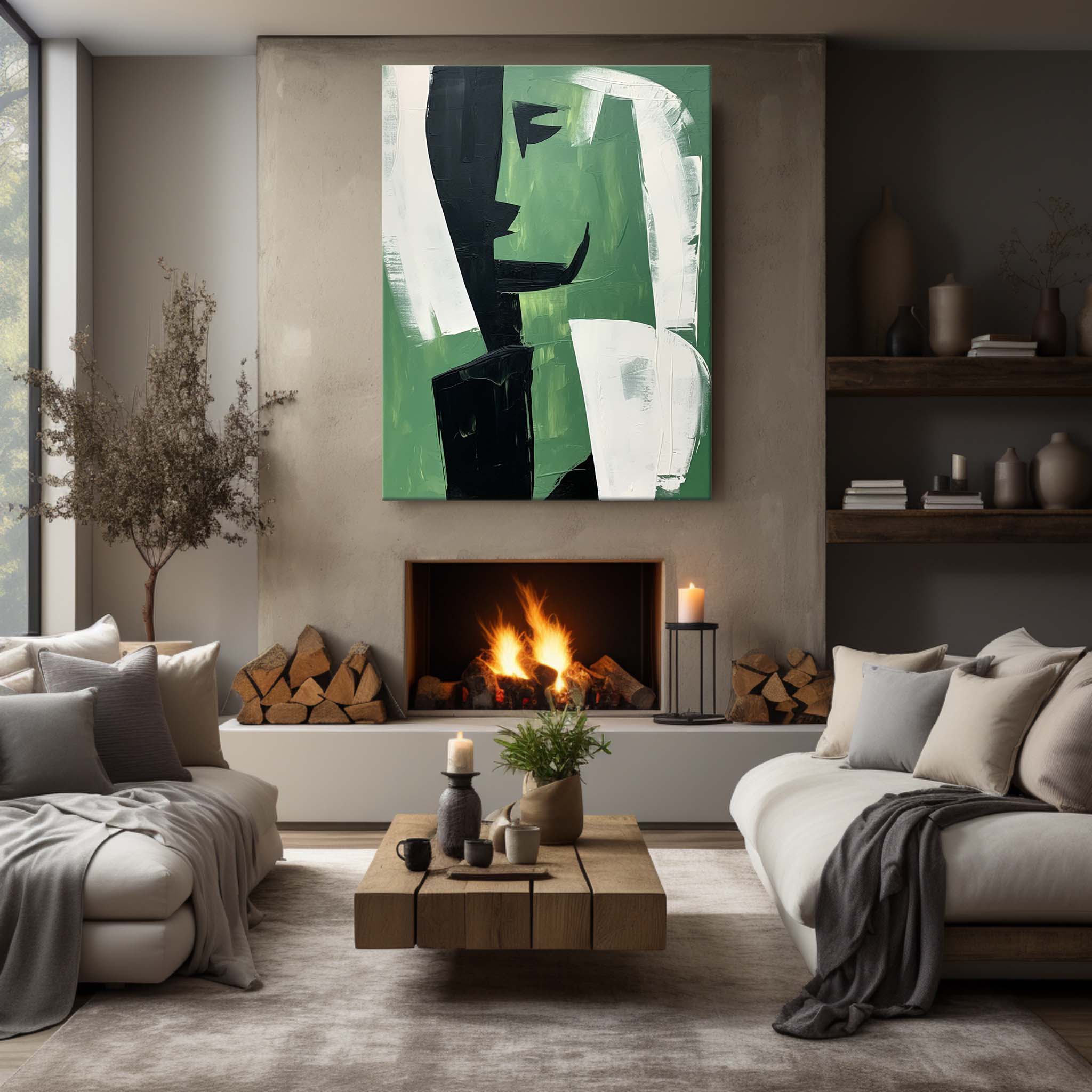 Wall Art Sage Green Black Abstract Face