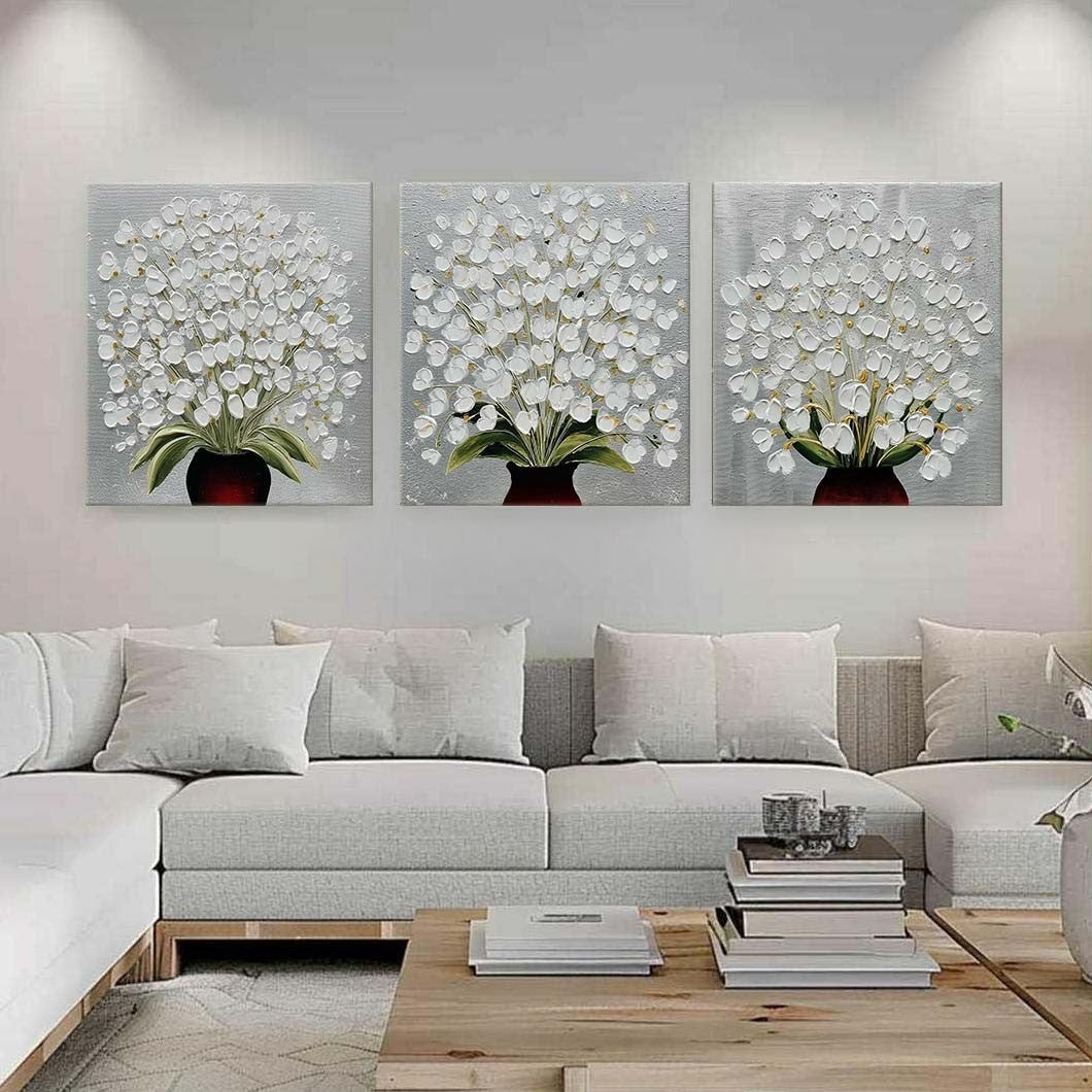 White Floral Triptych 3D Impasto Painting Set Of 3
