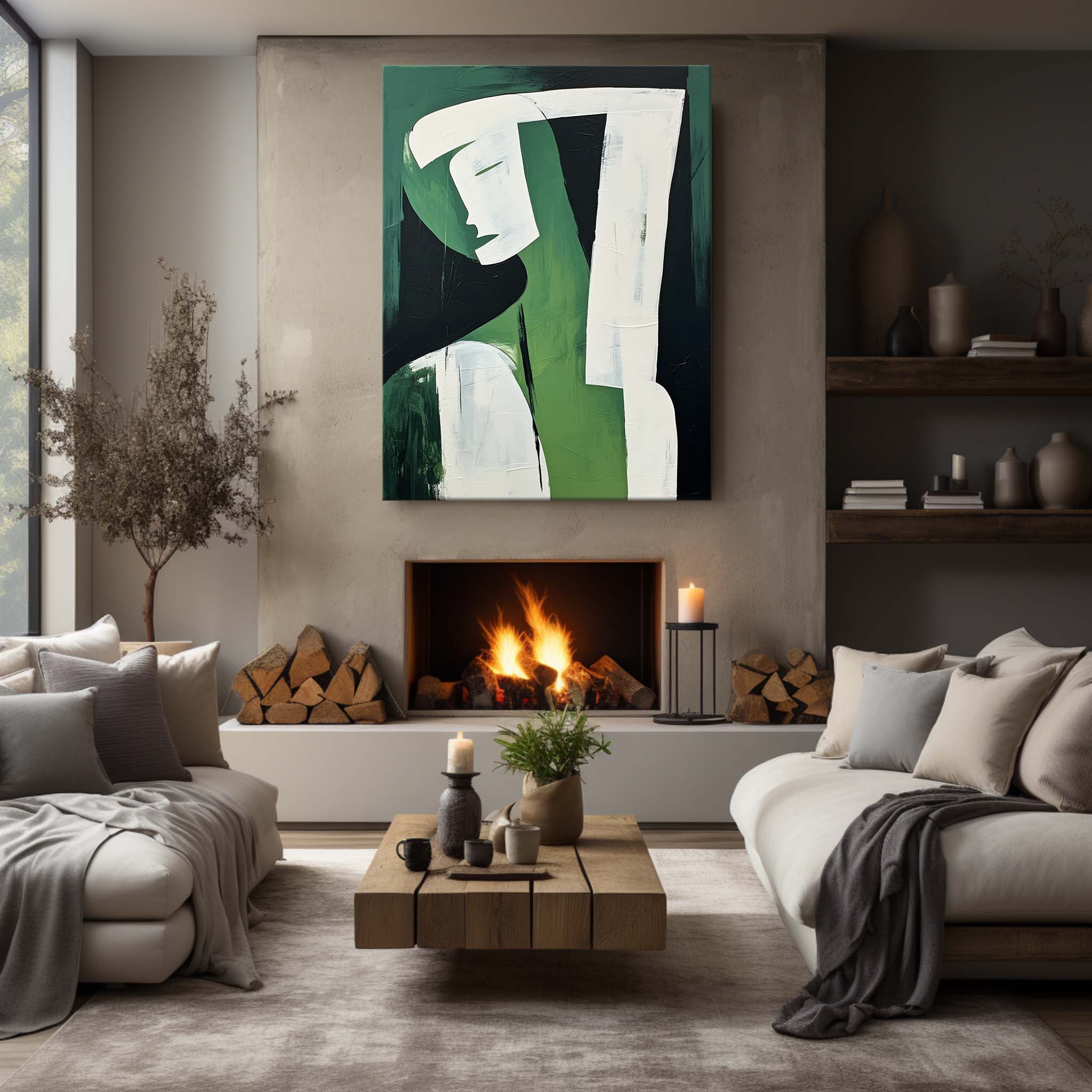 Wall Art Green Black Abstract Face Profile Plaster
