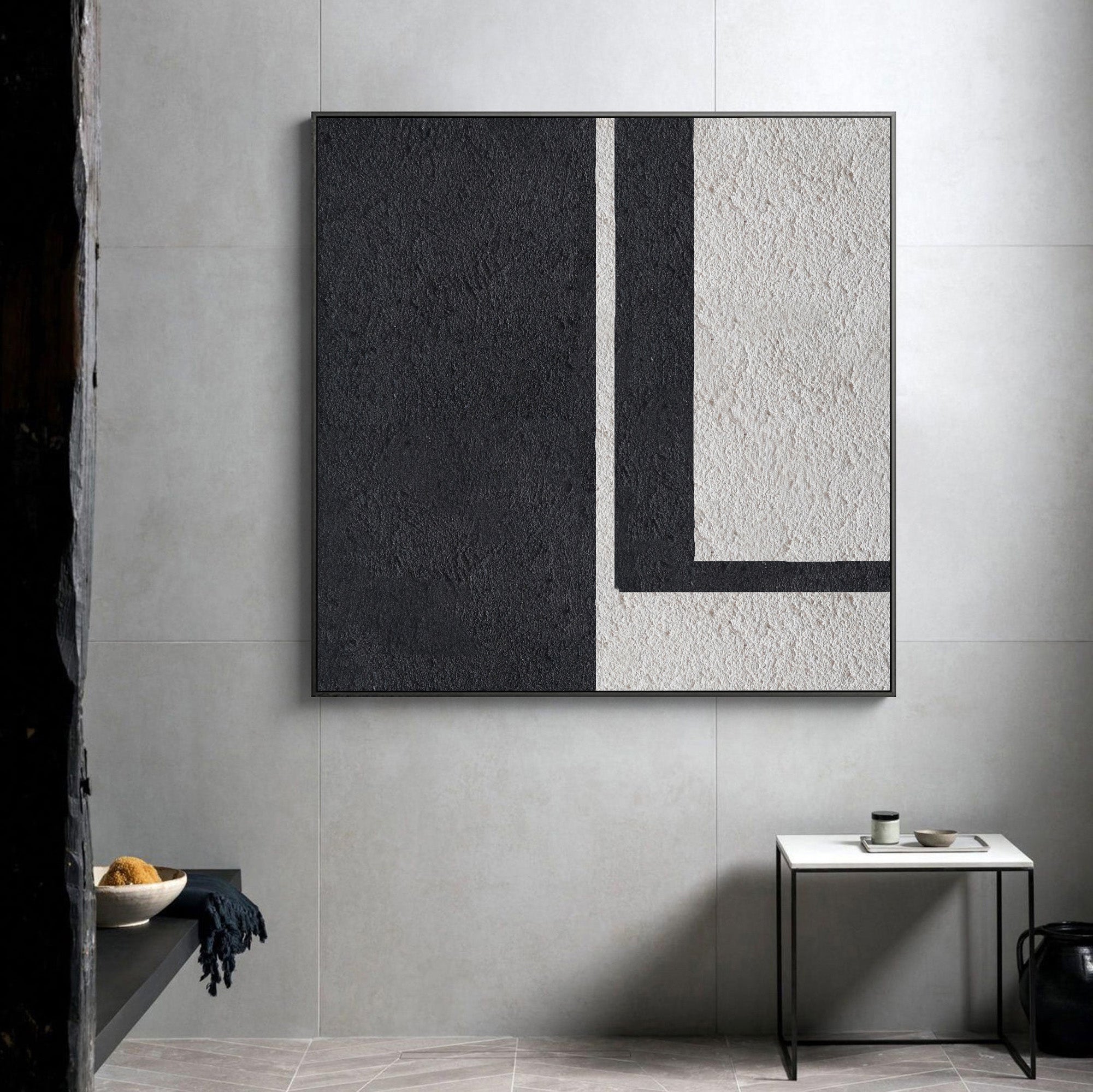 Black‑Off‑White Square Geometric L‑Shape Block Coarse‑Textured Artwork