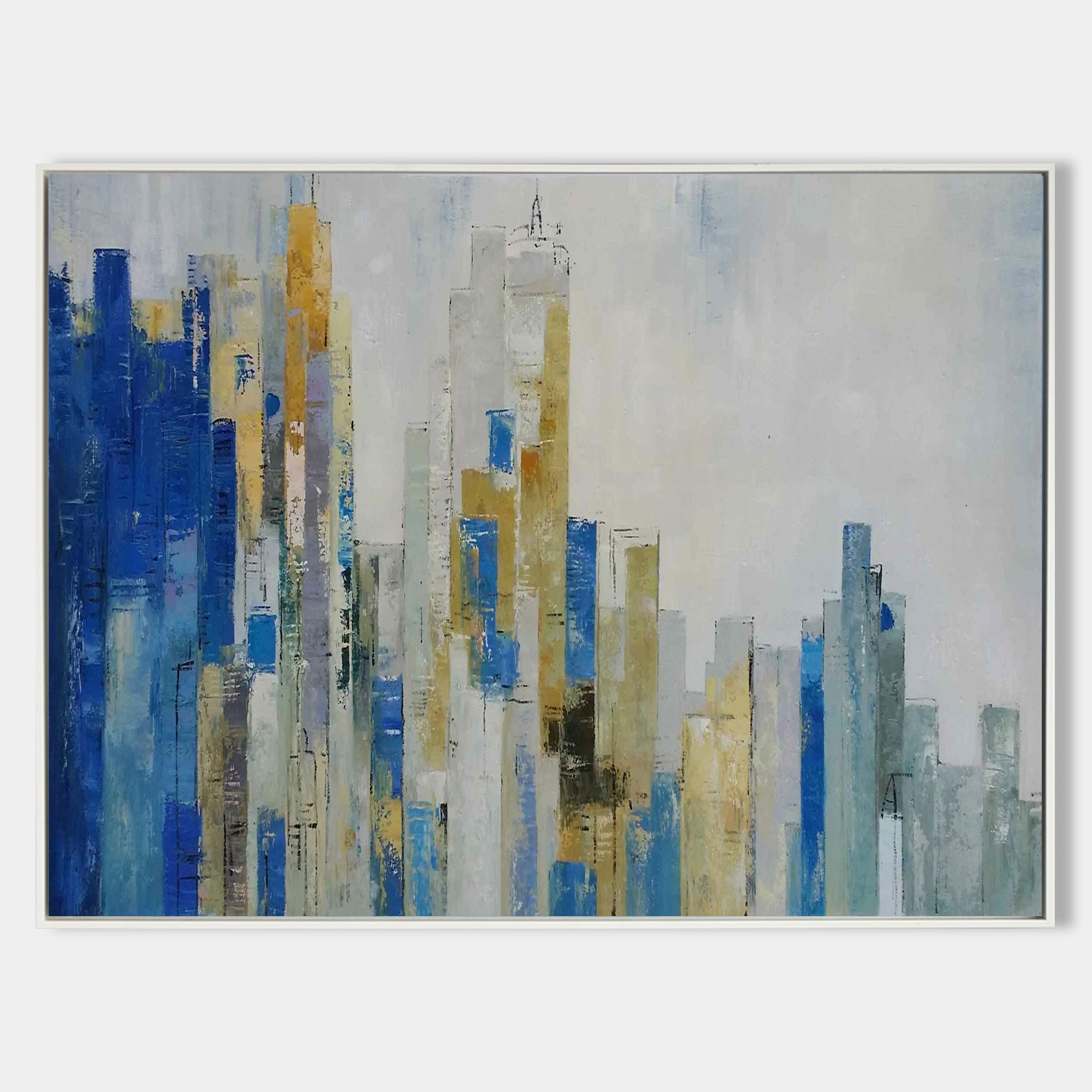 Abstract Urban Skyline  Blue & Gold Architectural Layered Textured Artwork
