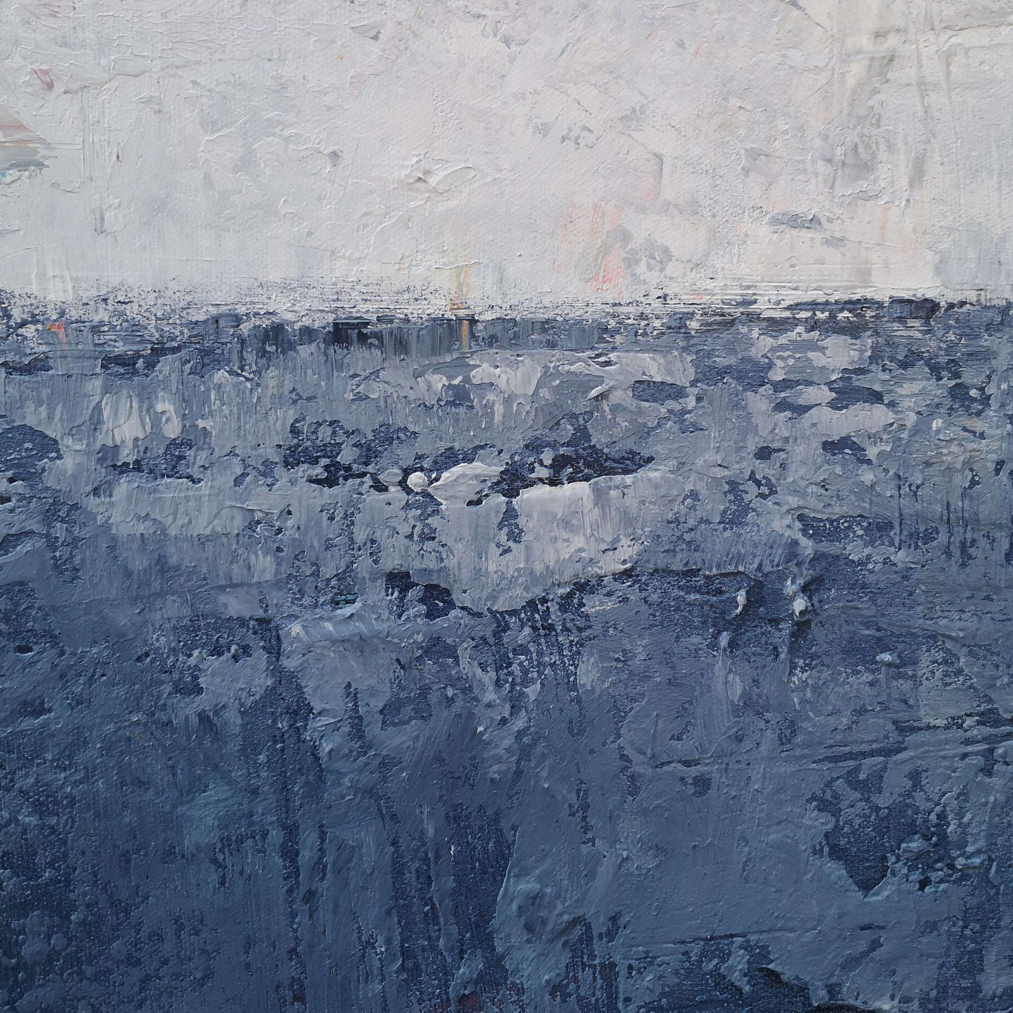 Navy‑Blue‑Grey Vertical Seascape Horizon Impasto‑Textured Artwork