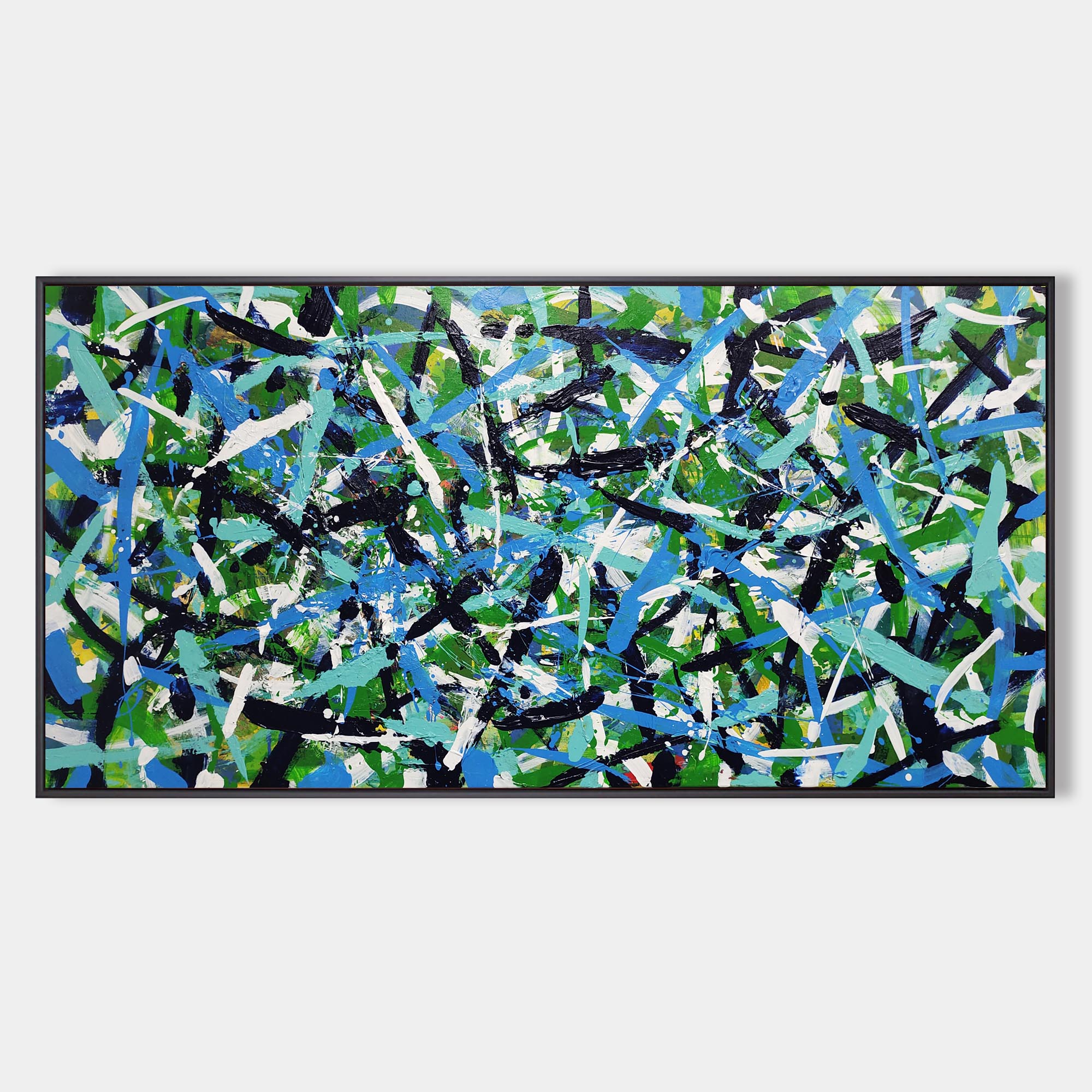Abstract Expressionist Green Blue Teal Black Acrylic on Canvas Painting