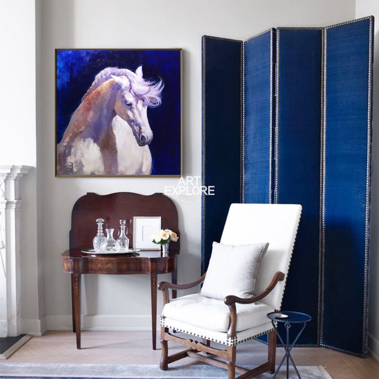 Lavender Mane White Horse Oil Painting