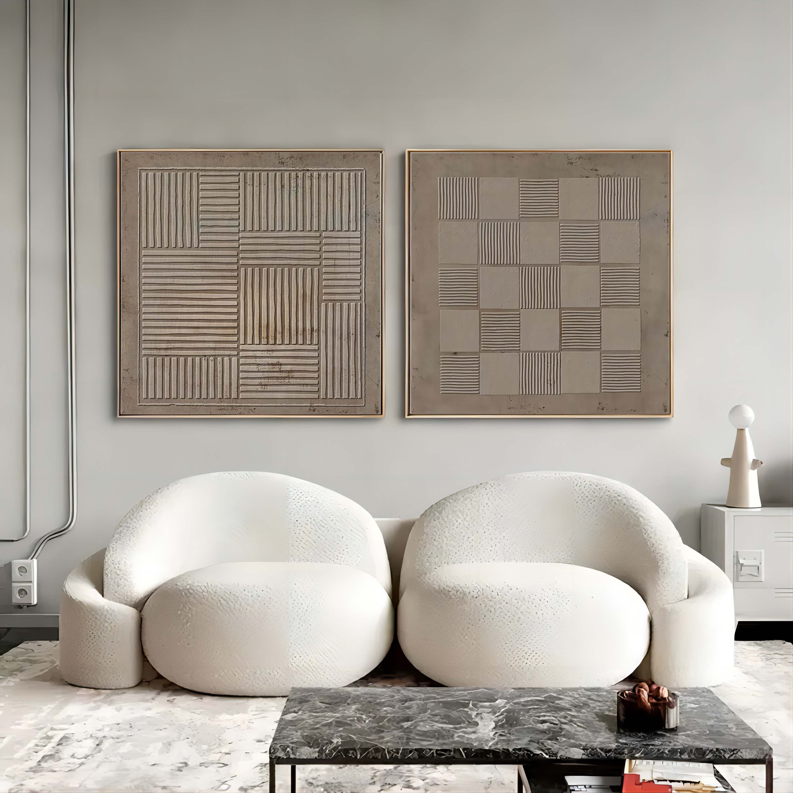Wall Art Taupe Geometric Grid Checkerboard
