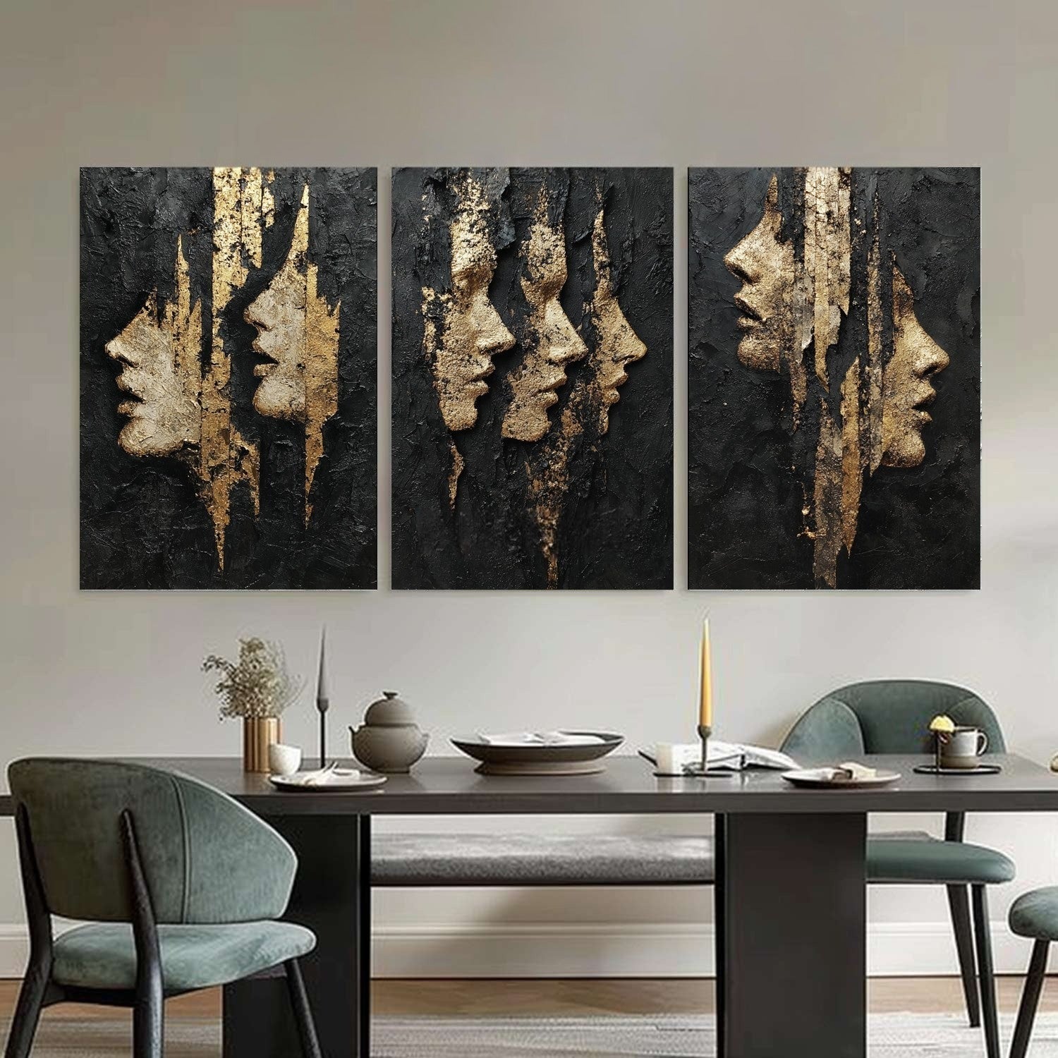 Black and Gold Abstract Faces Triptych Painting