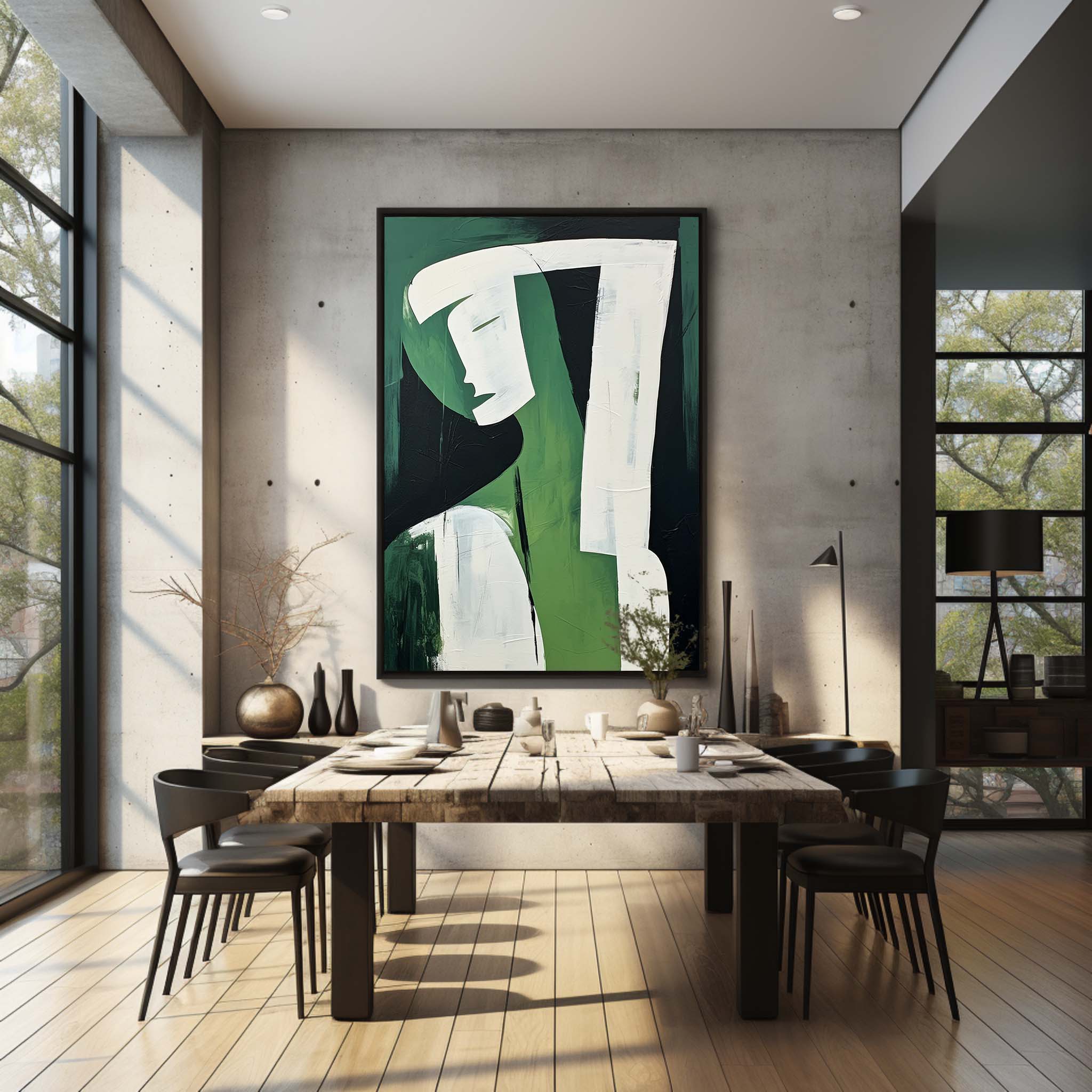 Wall Art Green Black Abstract Face Profile Plaster