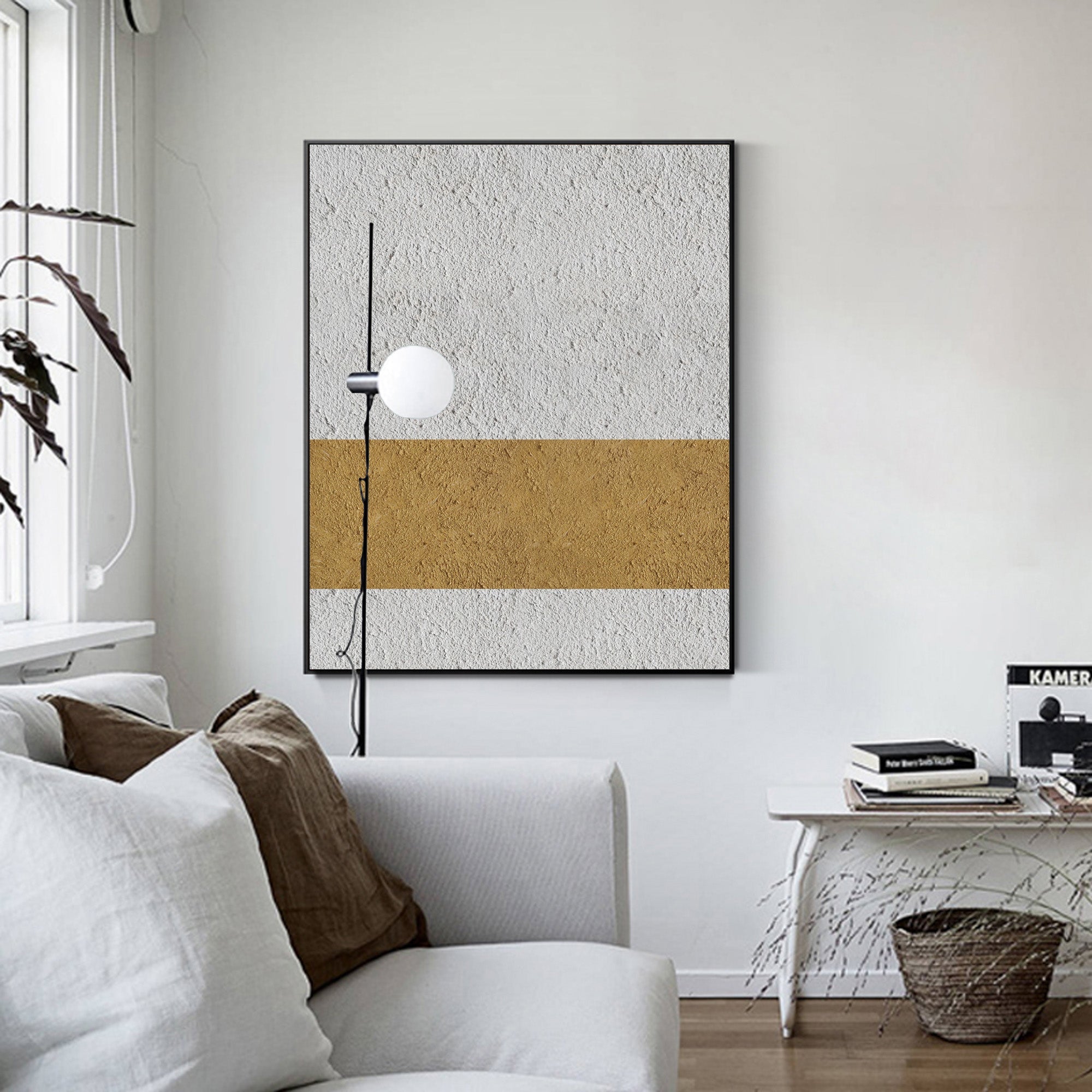Off‑White‑Gold Horizontal Abstract Centered‑Stripe Coarse‑Textured Artwork