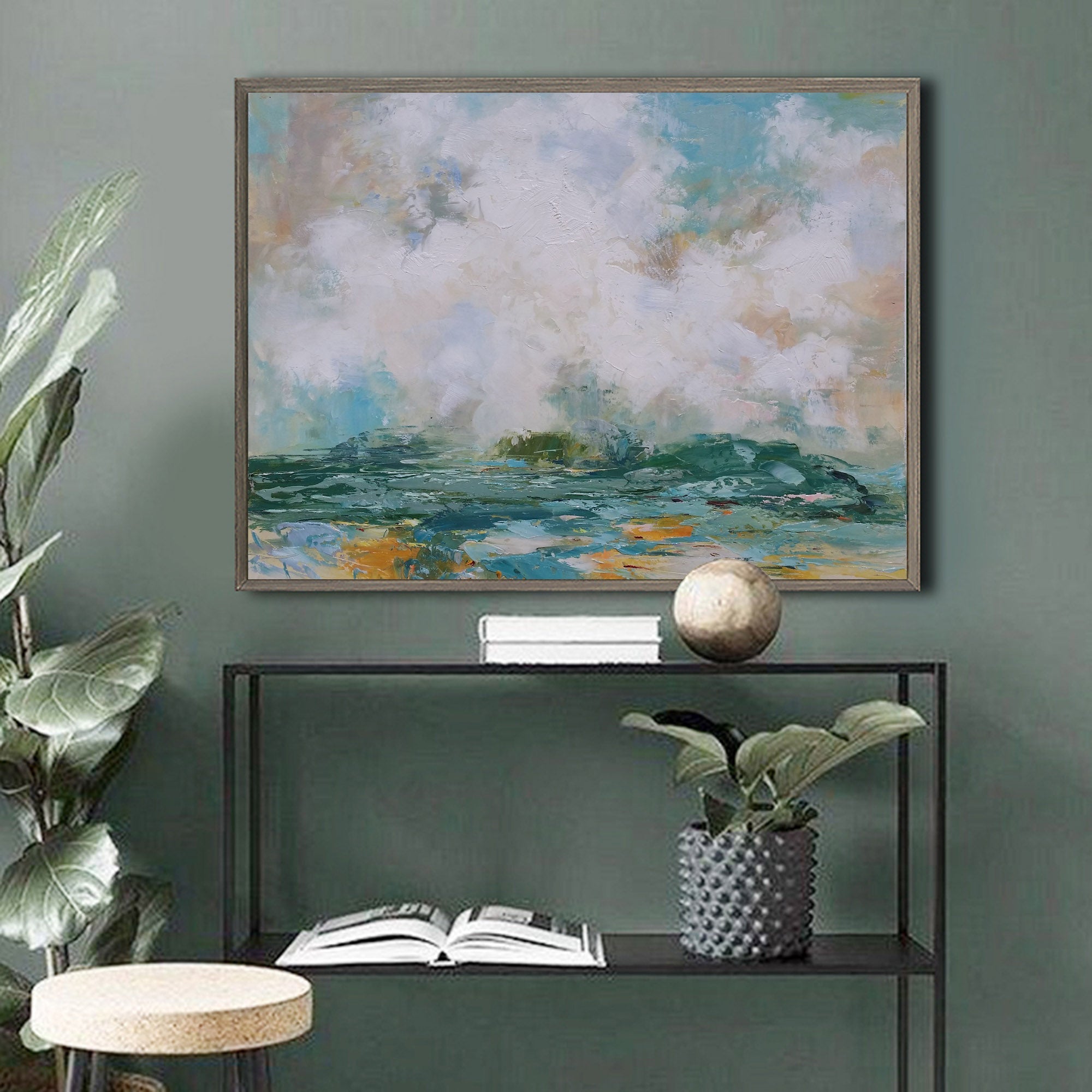 Teal‑White Horizontal Ocean‑Coast Impasto Textured Artwork