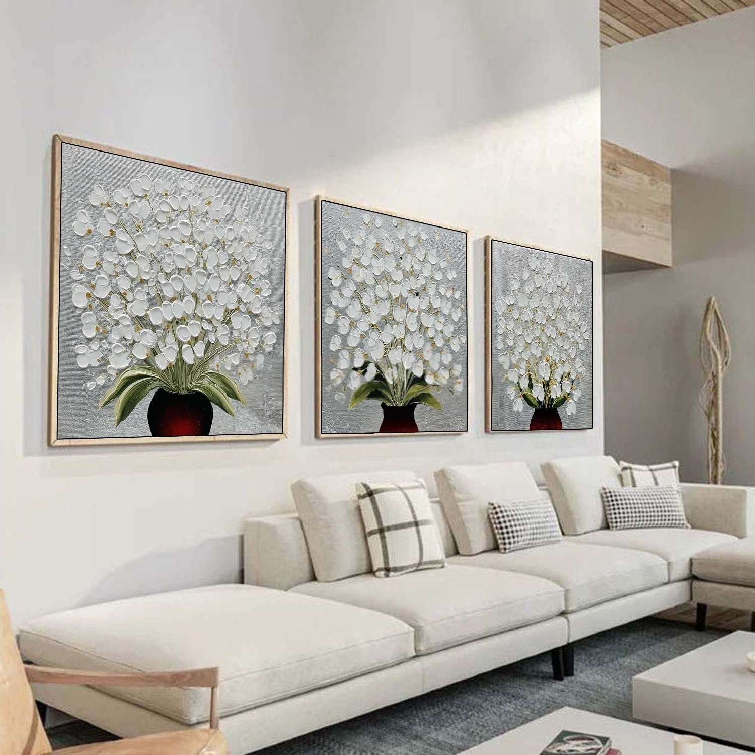 White Floral Triptych 3D Impasto Painting Set Of 3